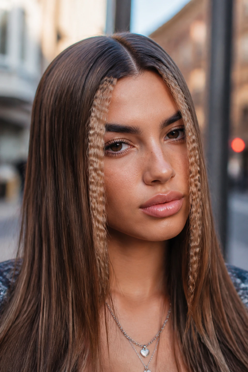 Real person showing two crimped face-framing strands with sleek hair.