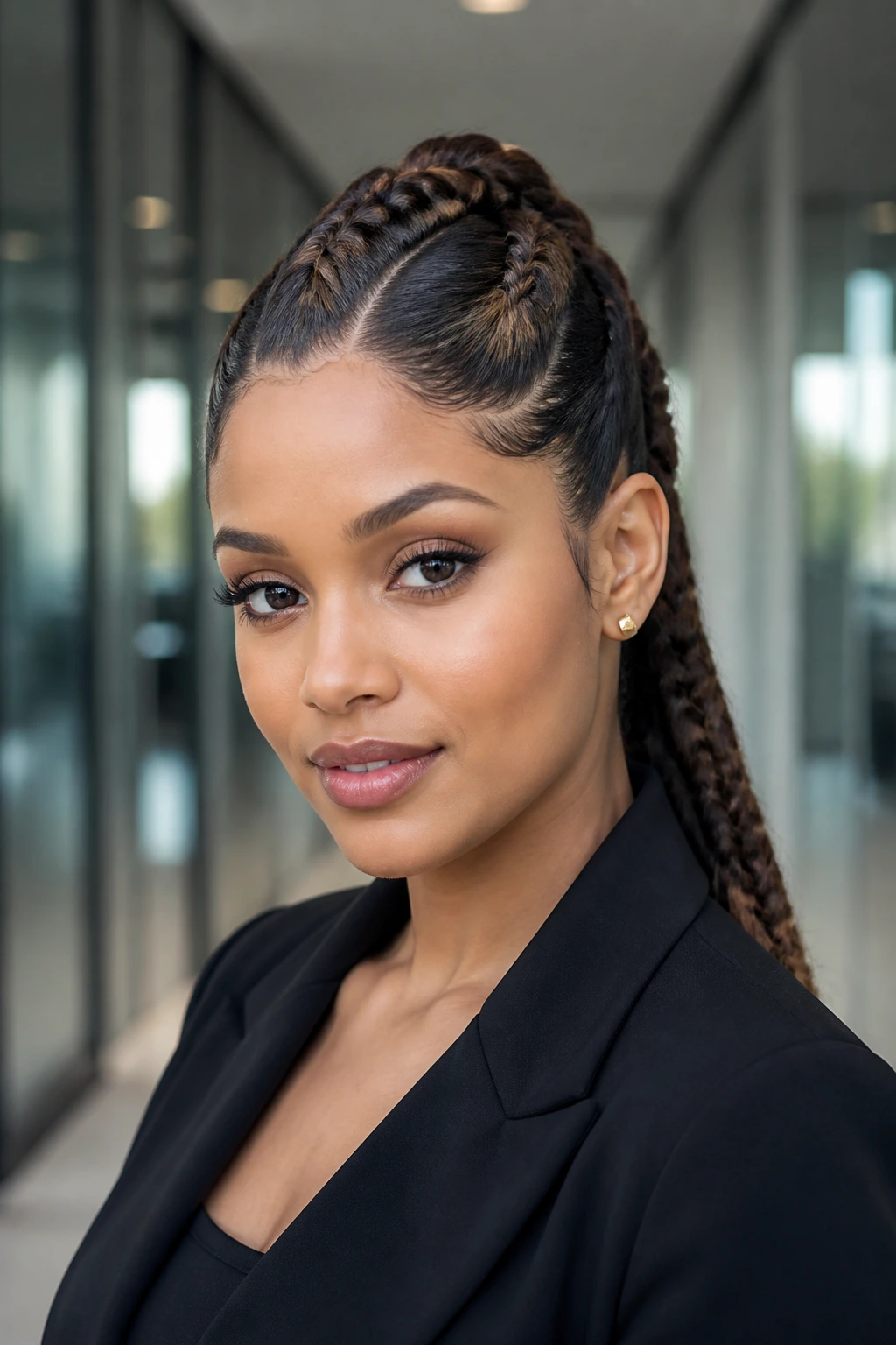 Close-up of a real woman with a crimped French braid and polished edges in a modern office hallway