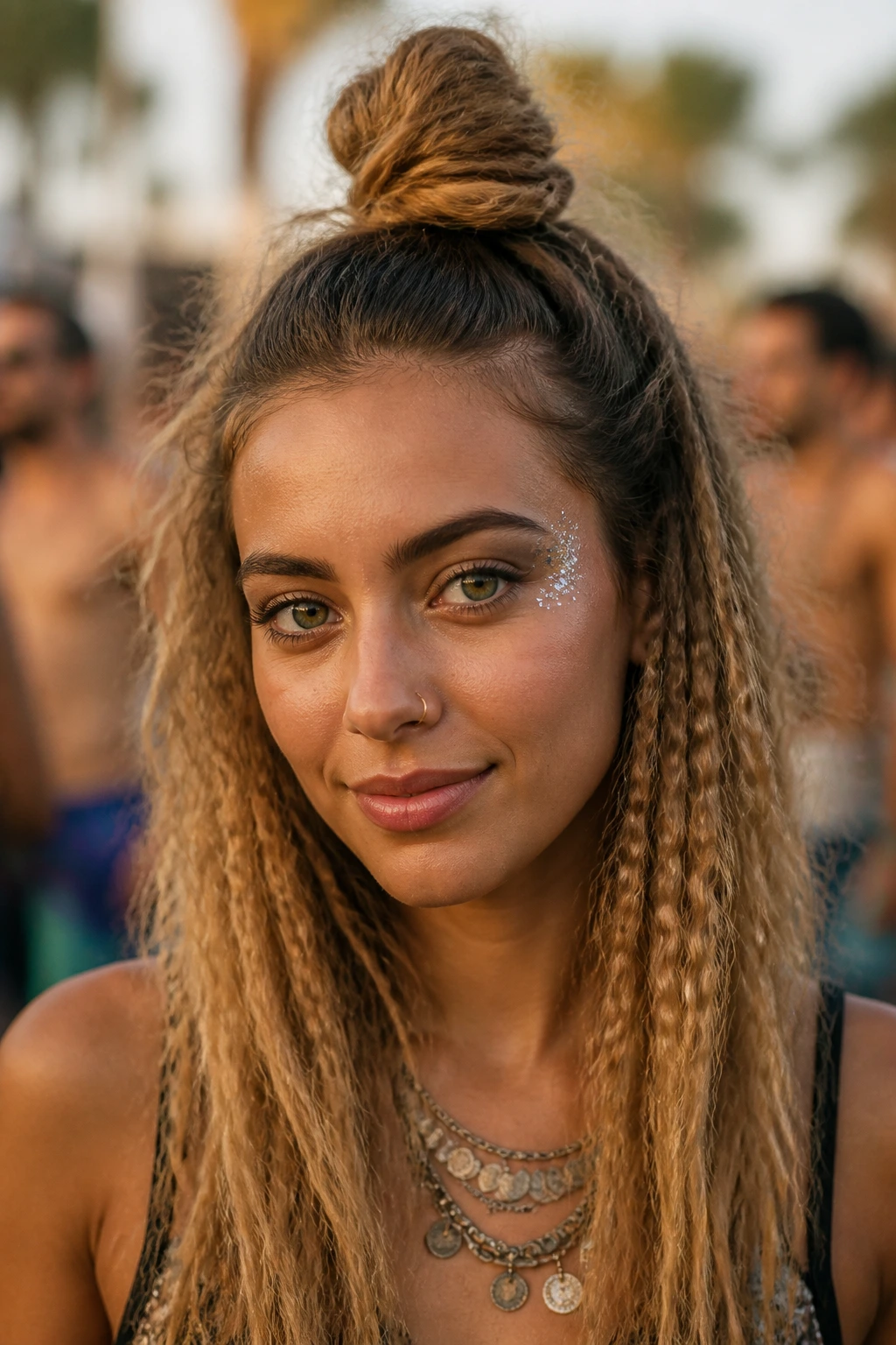 Close-up of a real woman with crimped hair and half-up top knot at festival