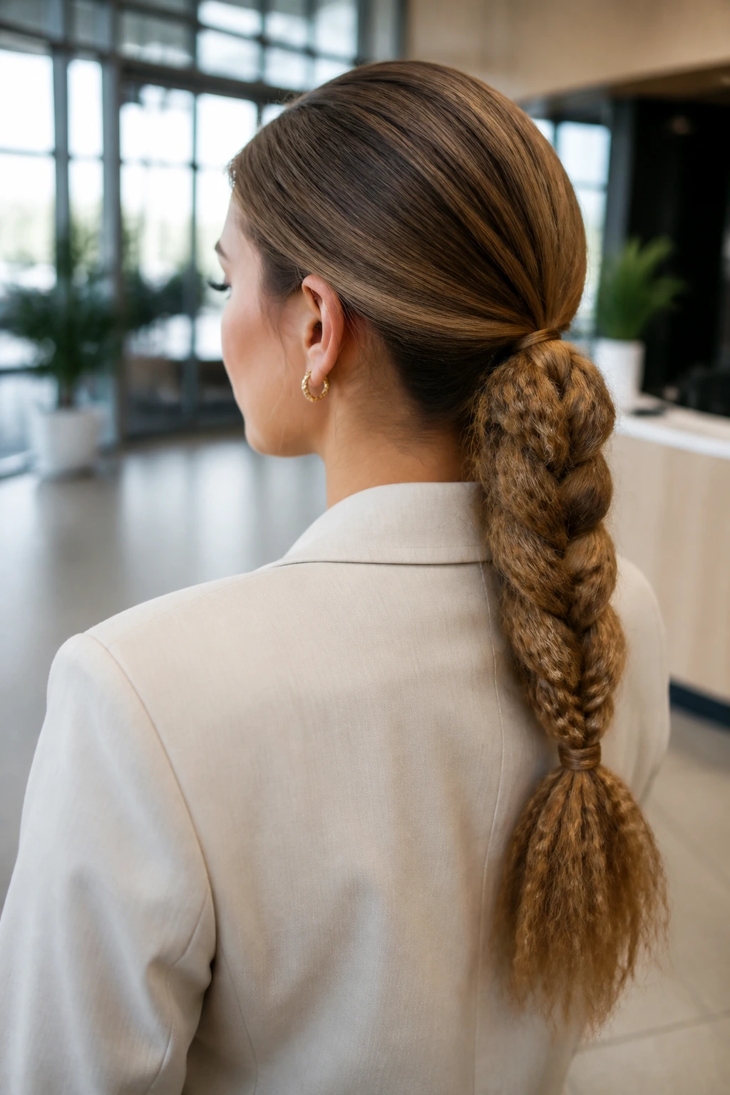 Close-up of a real woman's head showing crimped hair forming a low braid with a smooth crown