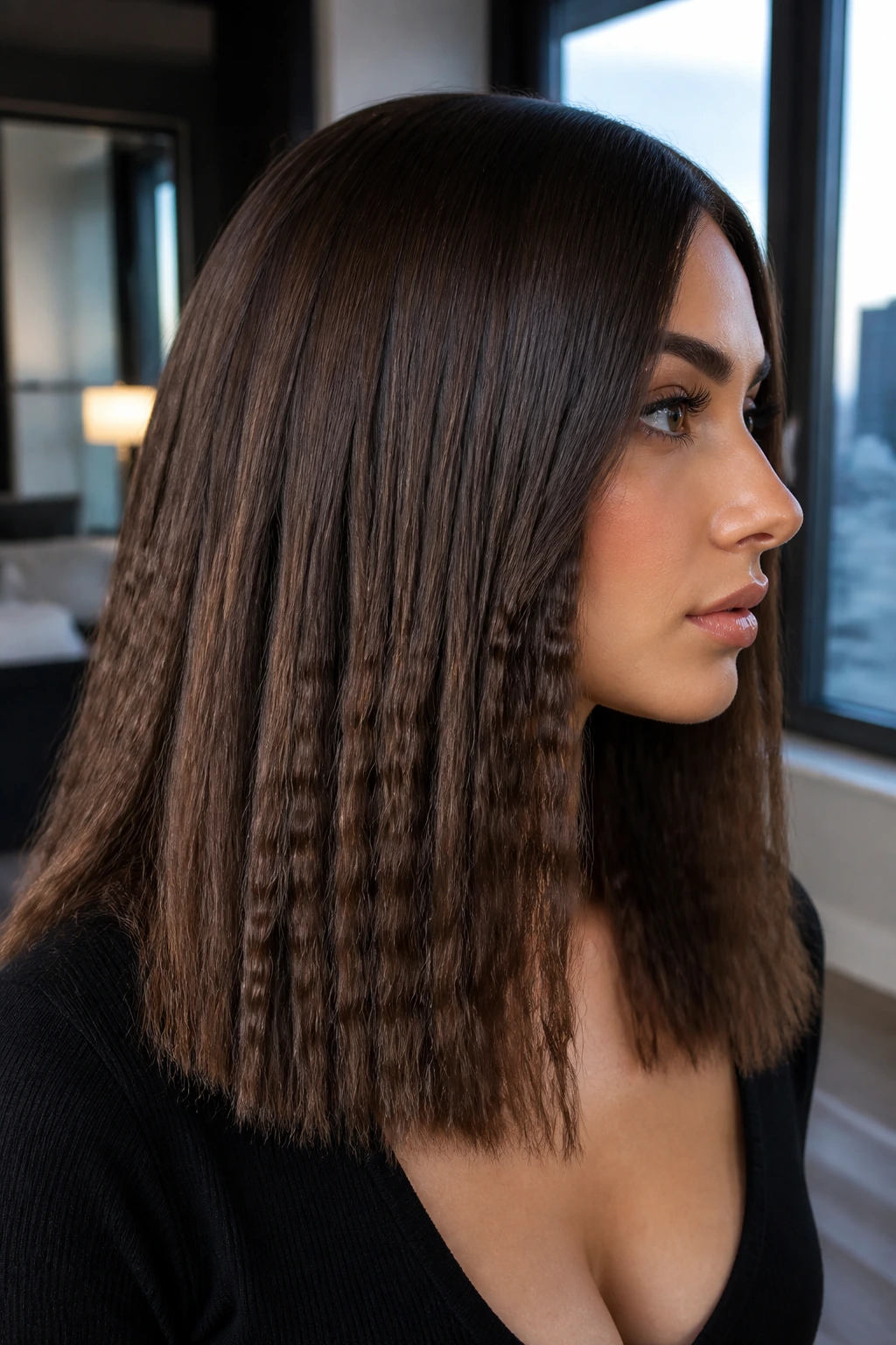 Close-up of crimped hair with a smooth top layer on a real person