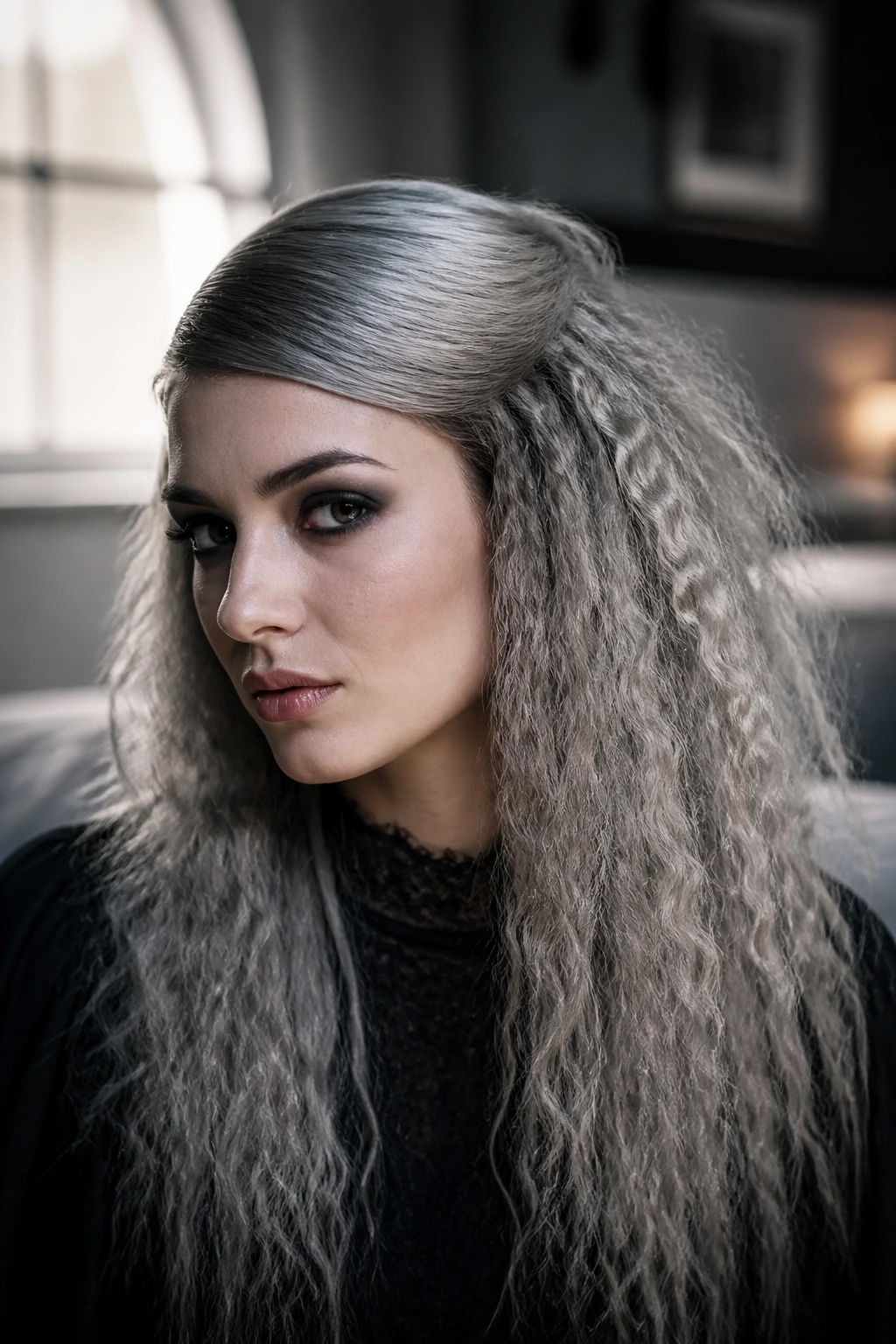 Close-up portrait of a real woman with crimped hair creating massive texture and a smooth lid.