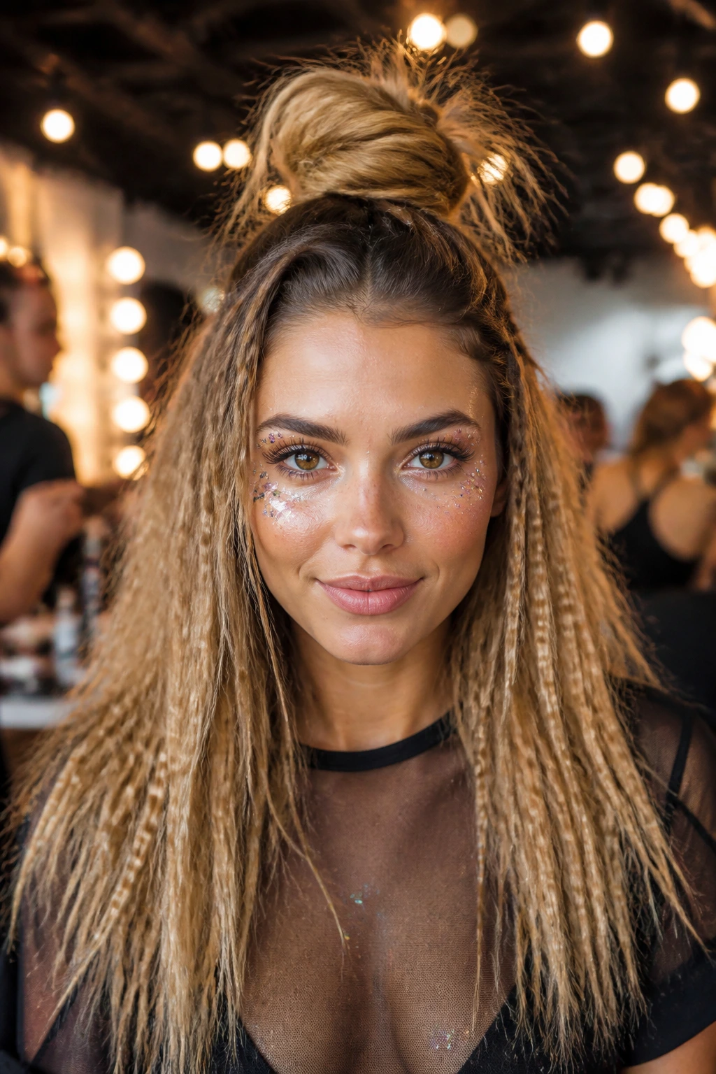 Close-up of half-up top knot with crimped lengths on a real person.