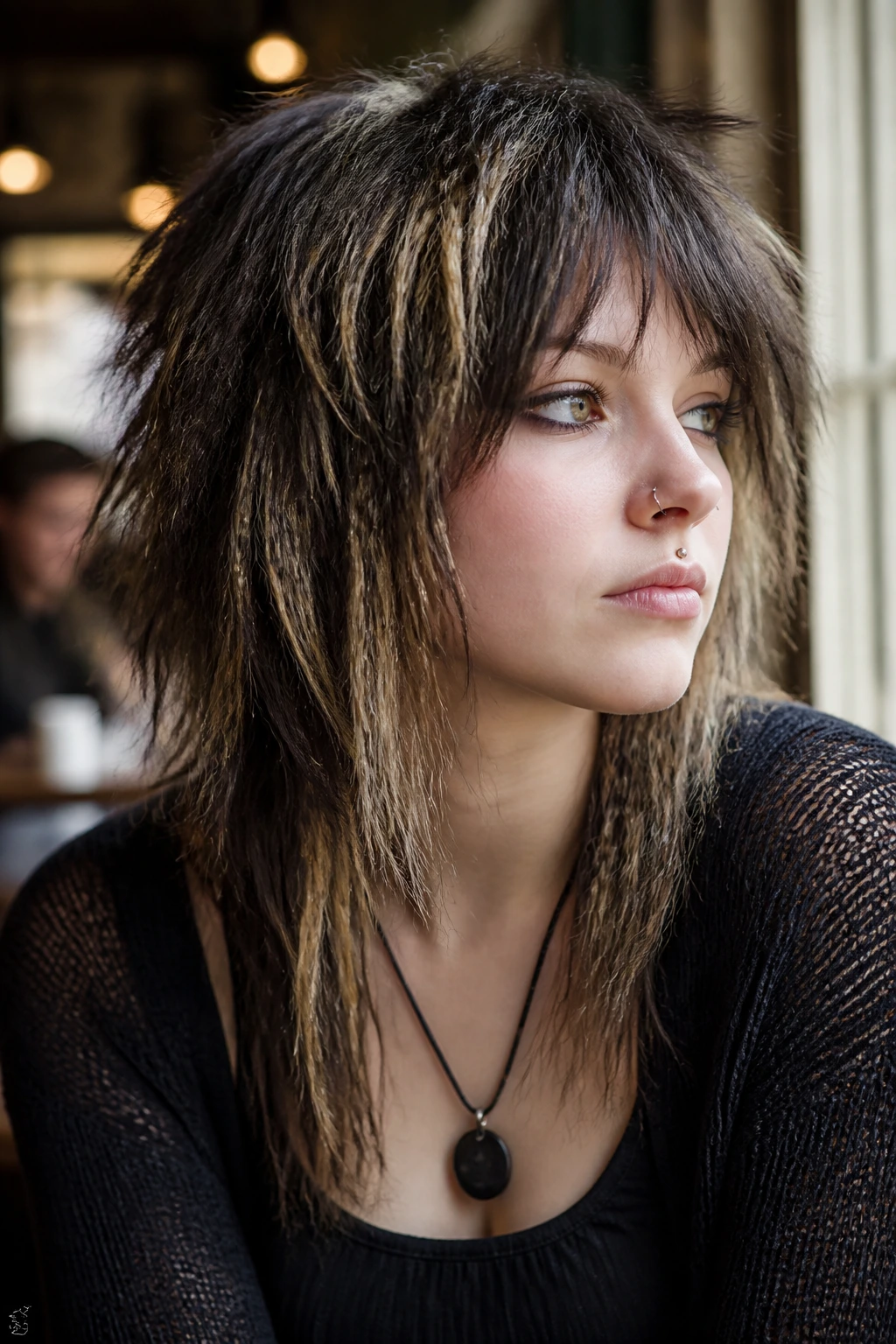Close-up of a real woman with crimped layered shag for added texture