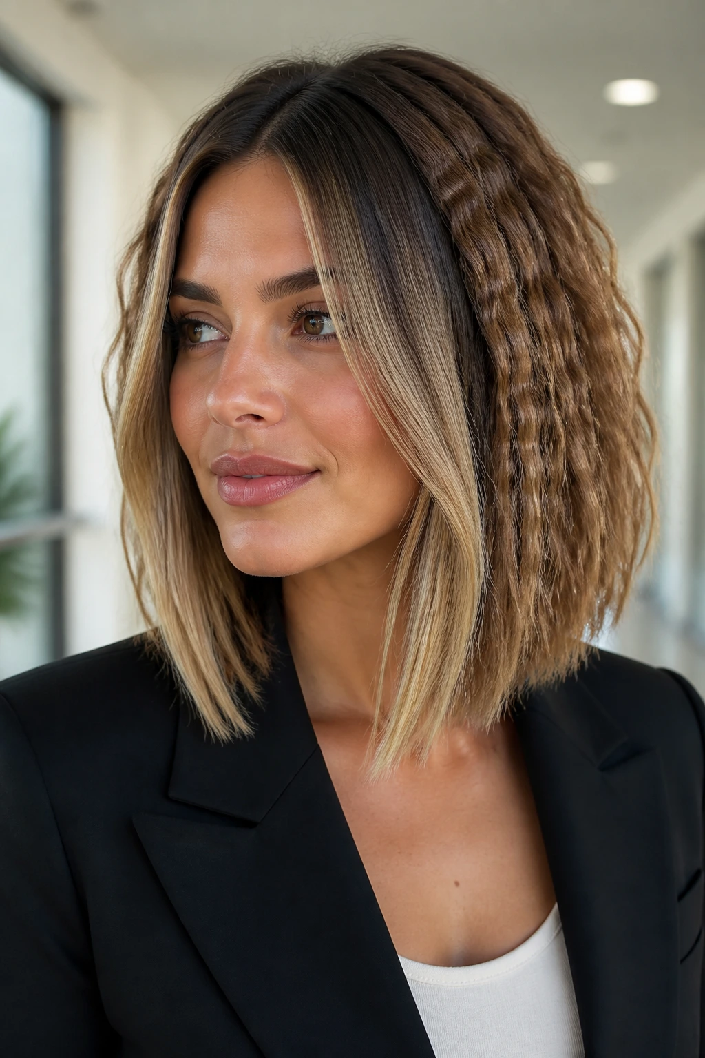 Close-up of a real woman with a crimped lob and smooth face-framing pieces in a bright office hallway
