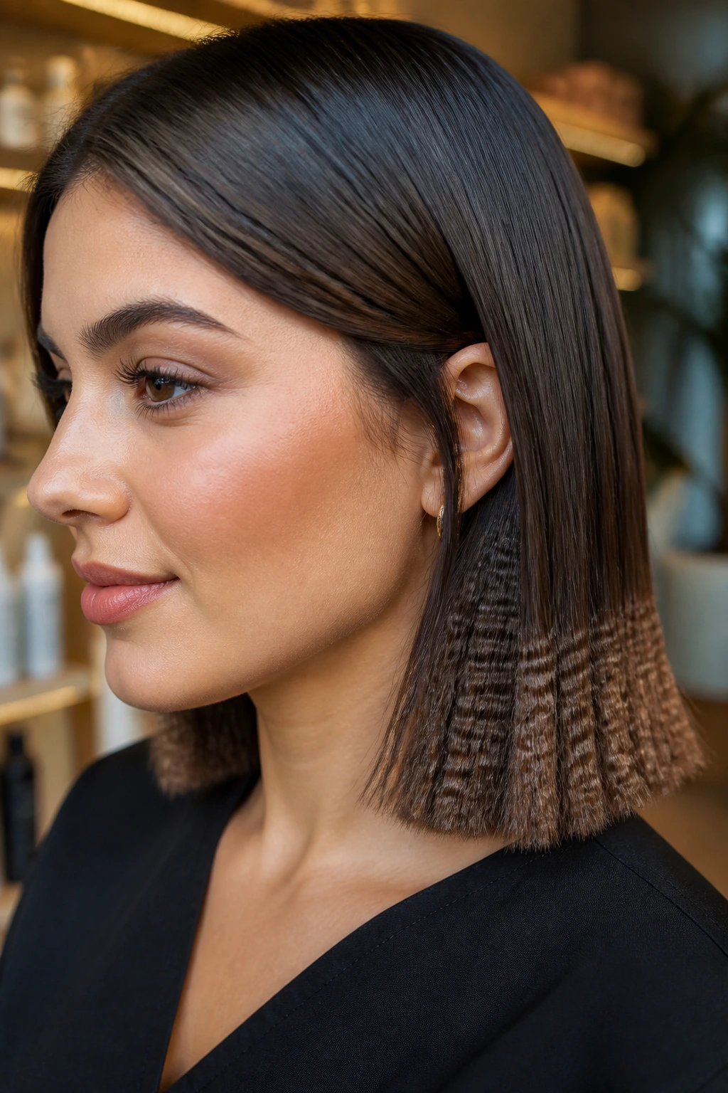 Close-up of lower-nape crimped hair on a real woman in a salon-like setting