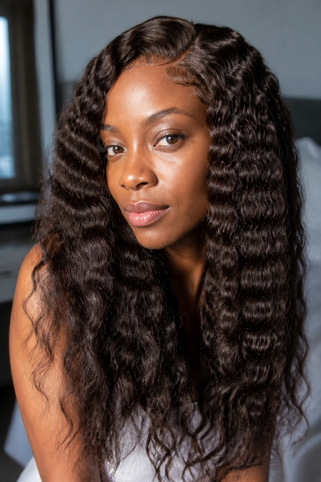 Close-up of a real woman with crimped mermaid waves crochet hairstyle
