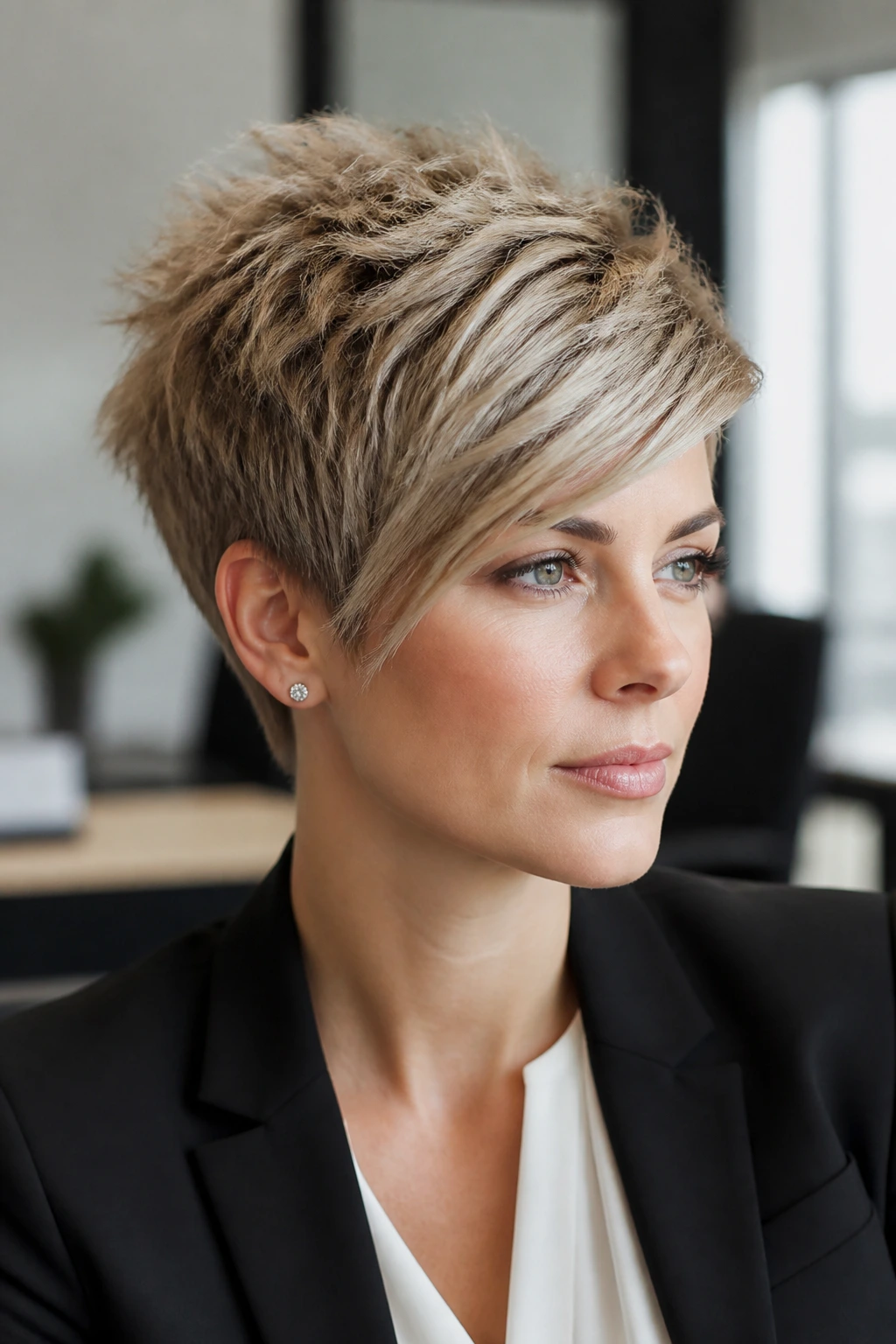 Close-up of a real person with a crimped pixie cut and side-swept bangs in a modern office