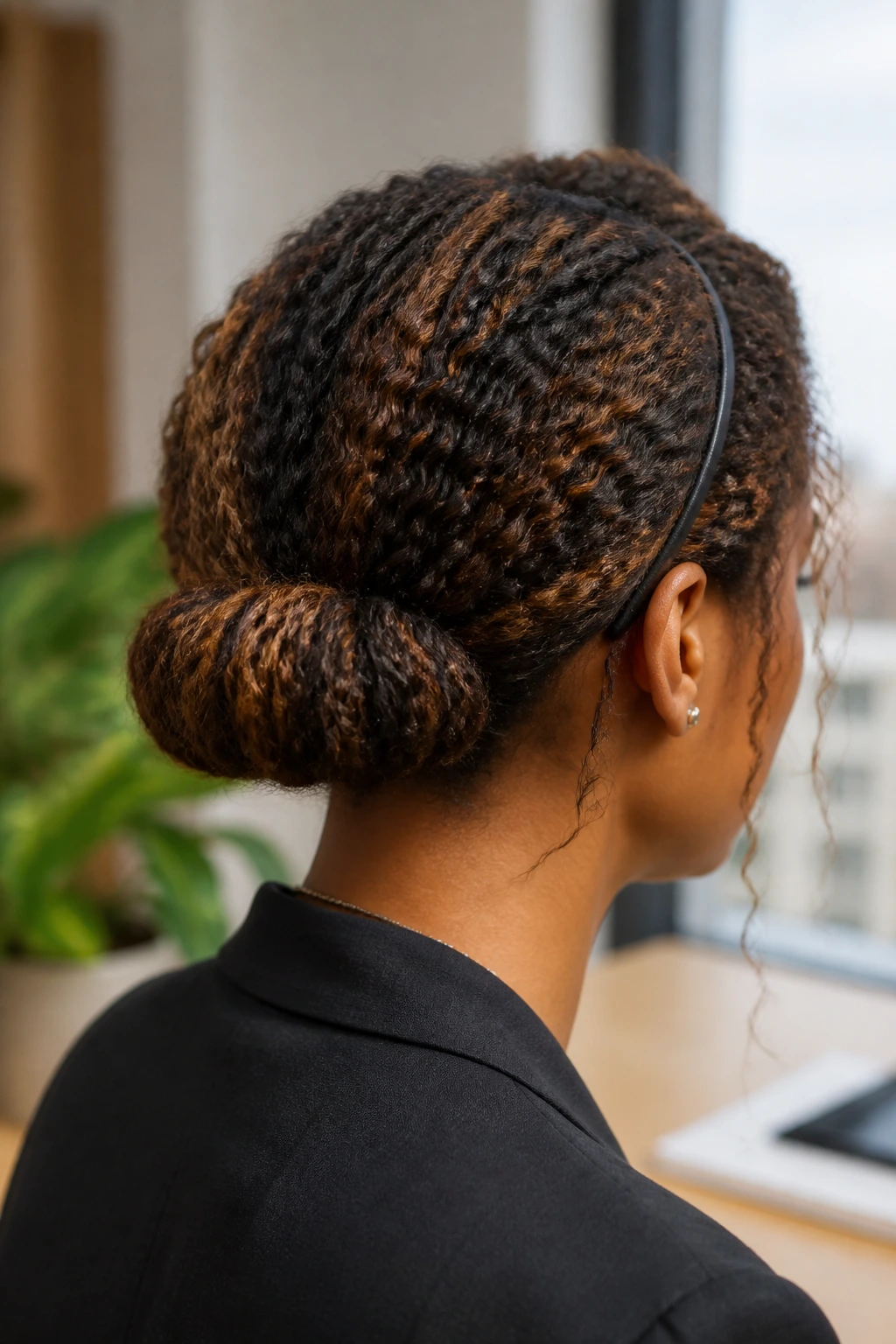 Close-up of a real woman with crimped roll tucked into a headband
