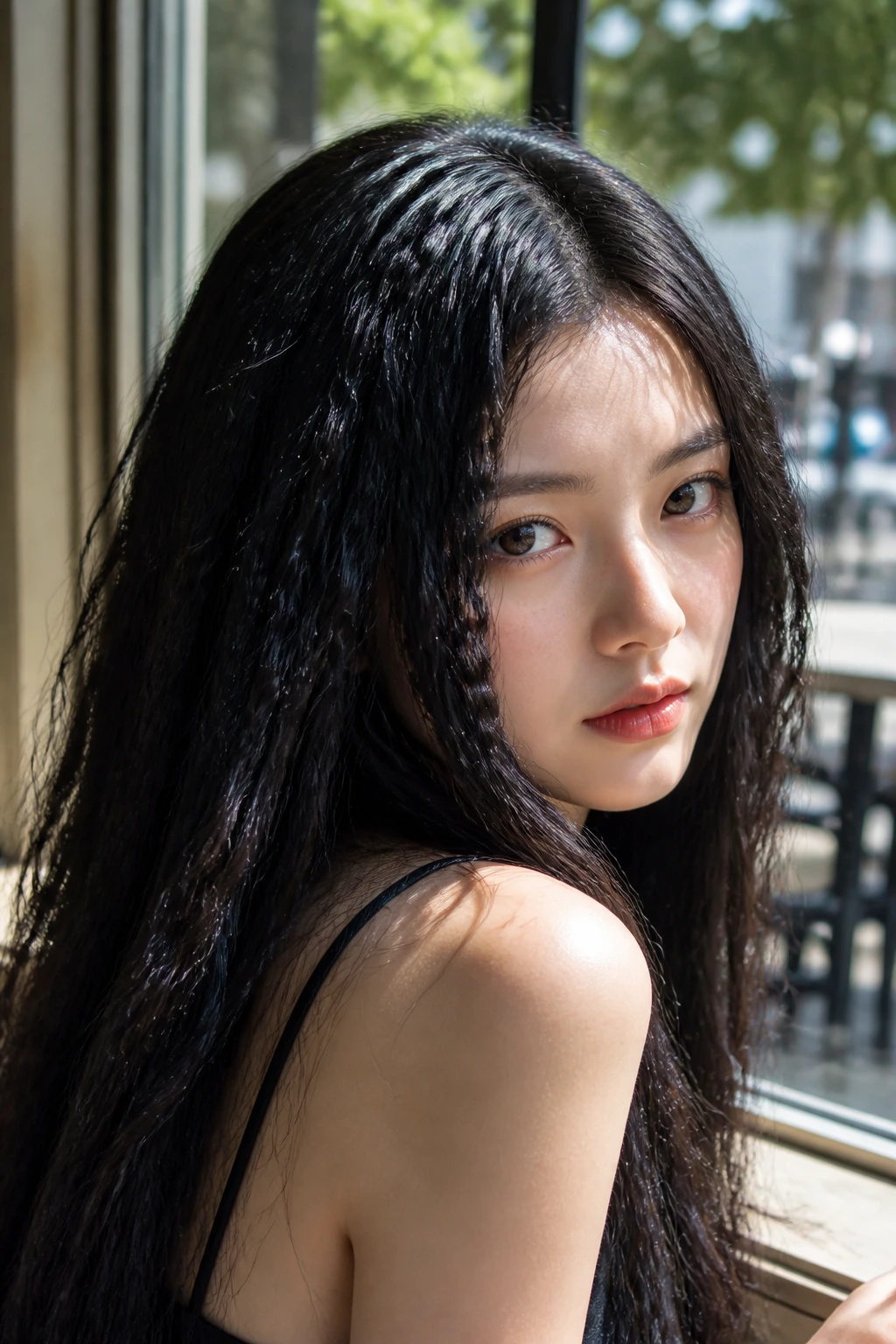 Close-up portrait of a real woman showing crimped texture on jet-black hair in natural daylight