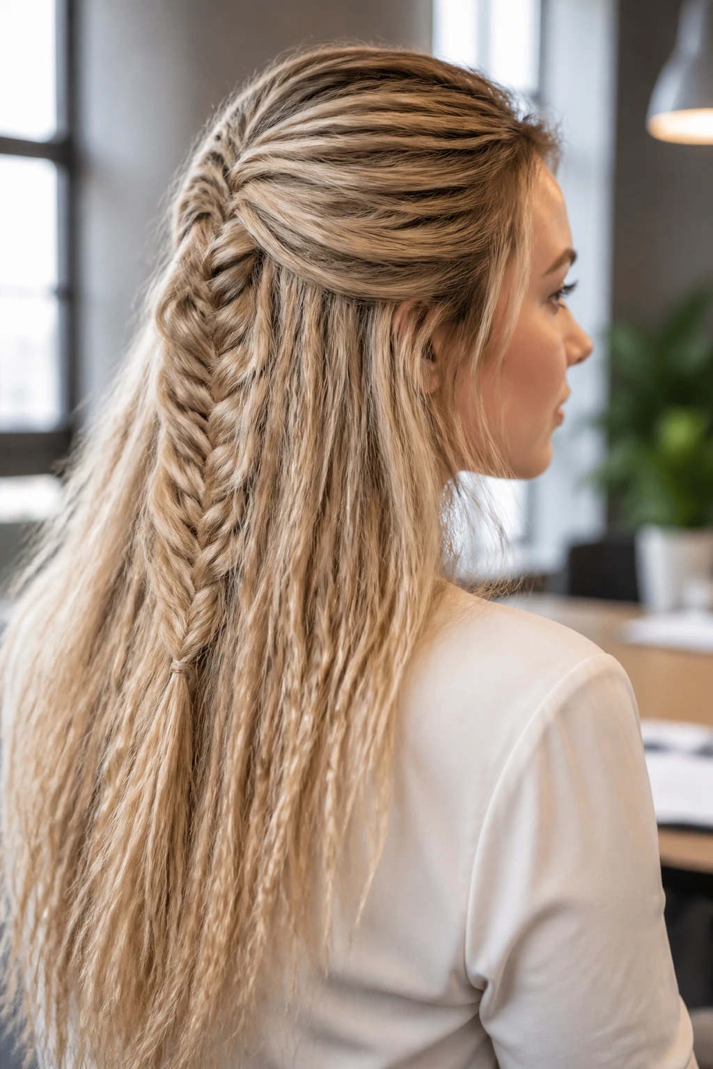 Portrait of a real woman with half-up fishtail braid and crimped texture
