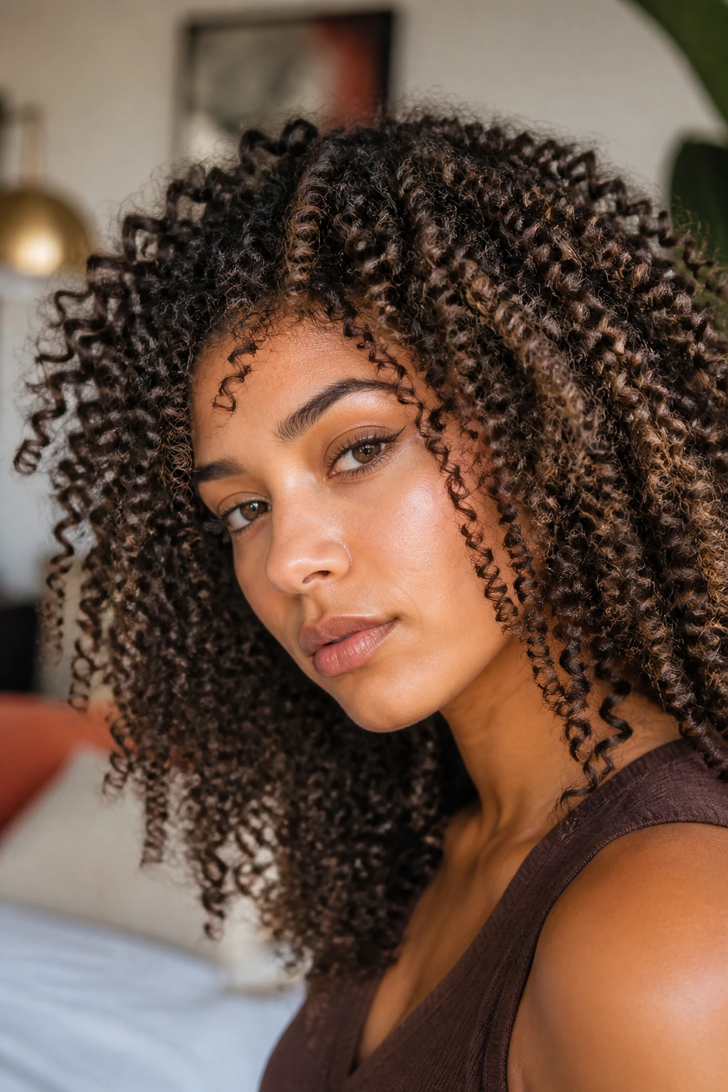 Close-up of deep-texture crimped curls on a real person in a cozy room.