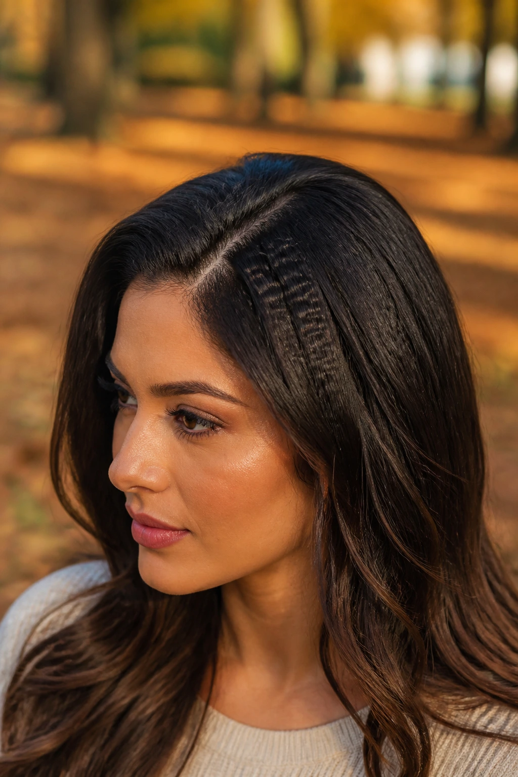 Close-up of a real woman's crimped texture sections for added volume