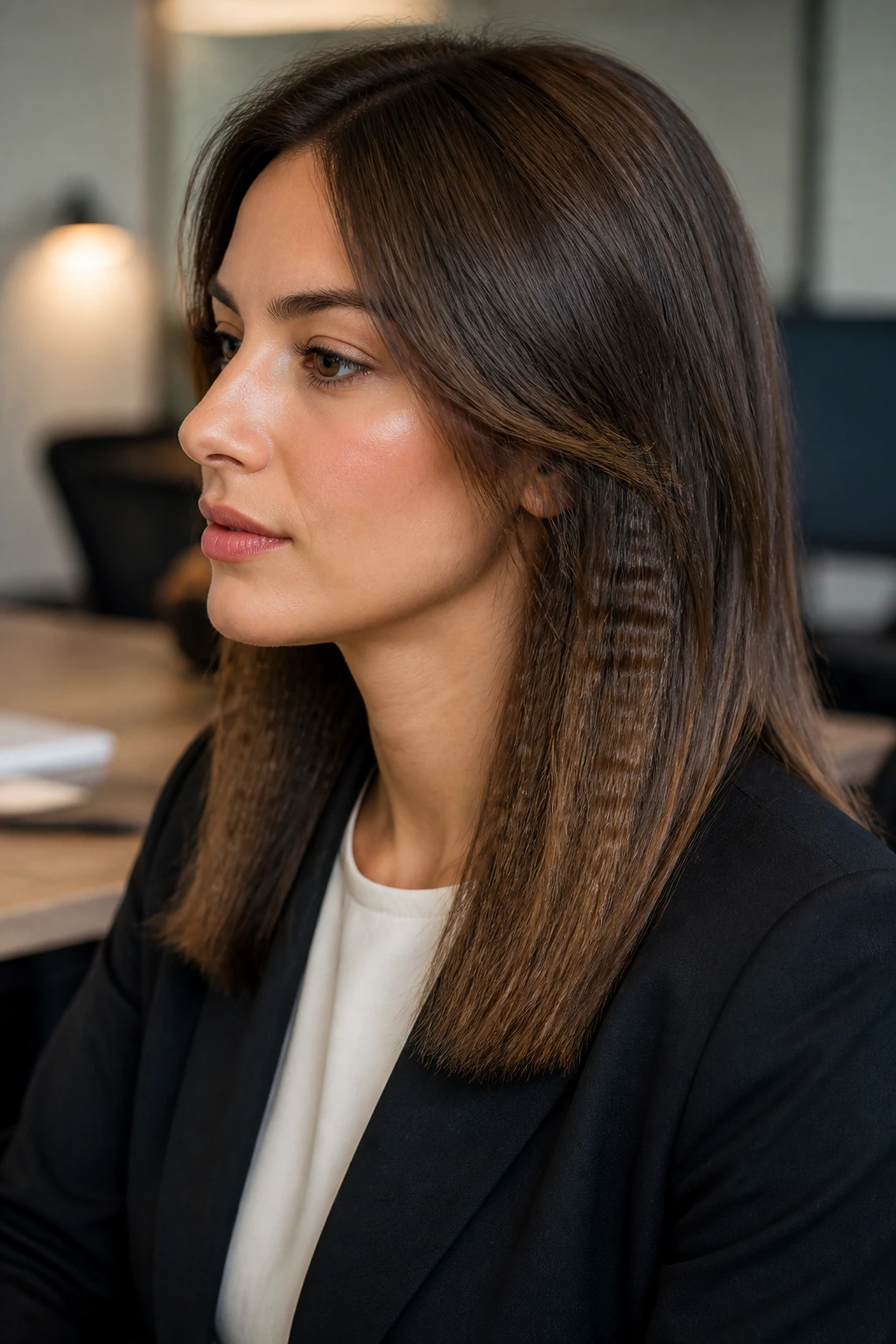 Close-up of a real woman with crimped under-layers beneath a smooth top layer in an office