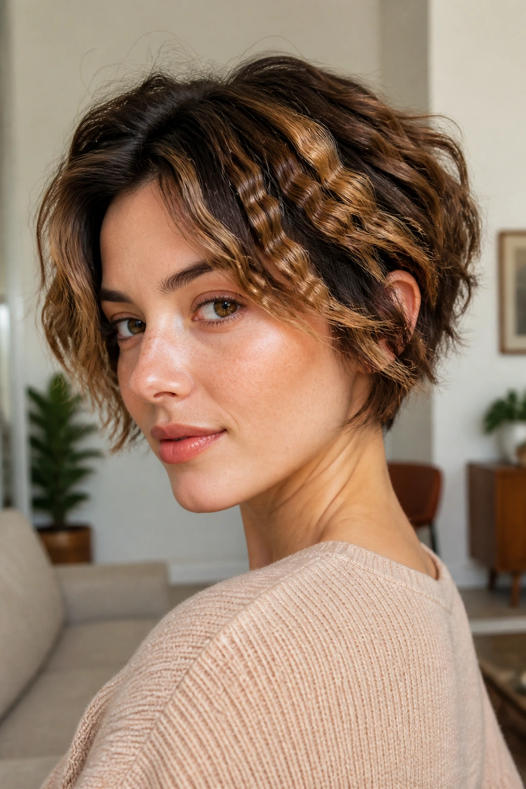 Portrait of a woman with crimped-wave texture on short hair.