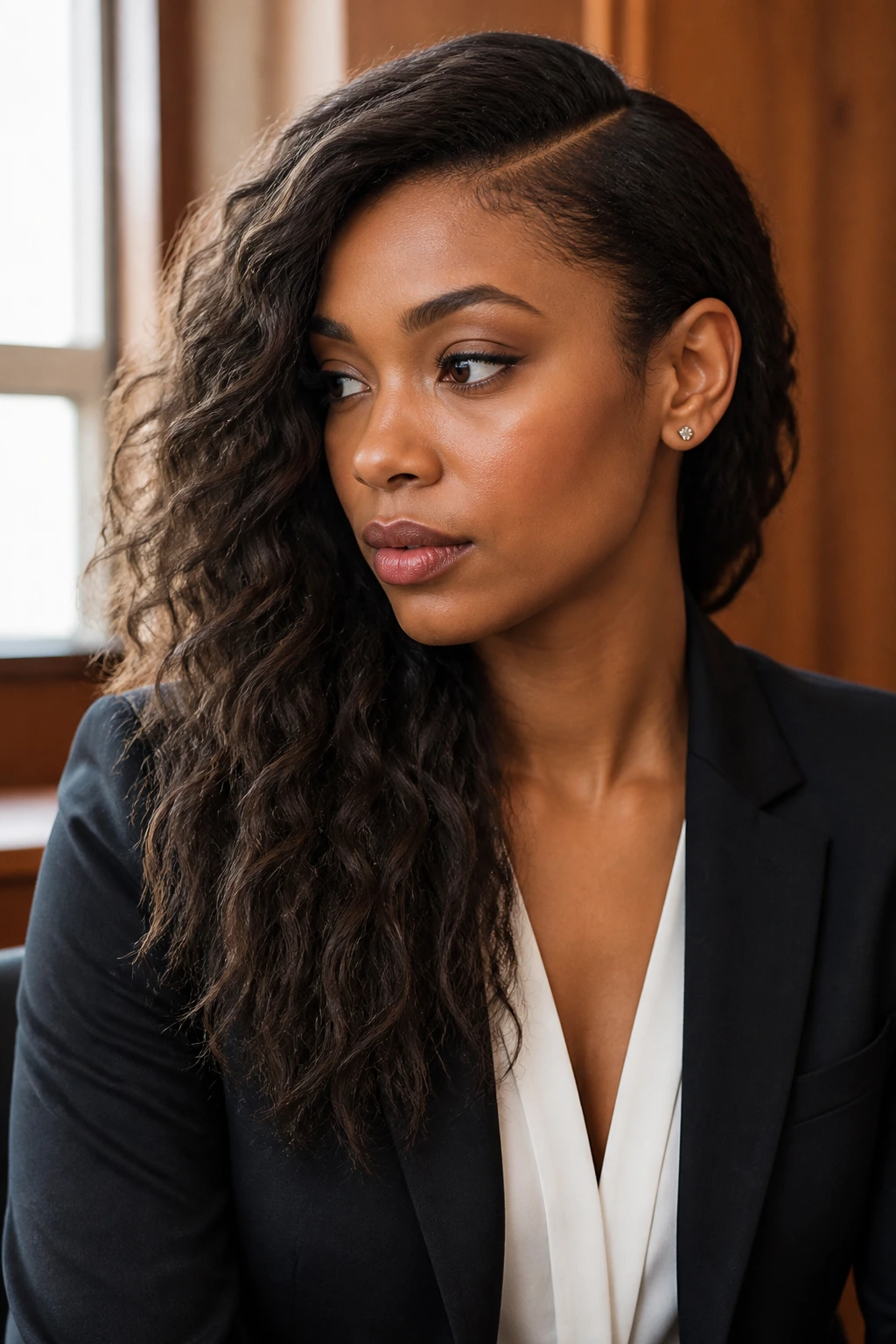 Woman with deep part and crimped waves in a meeting room