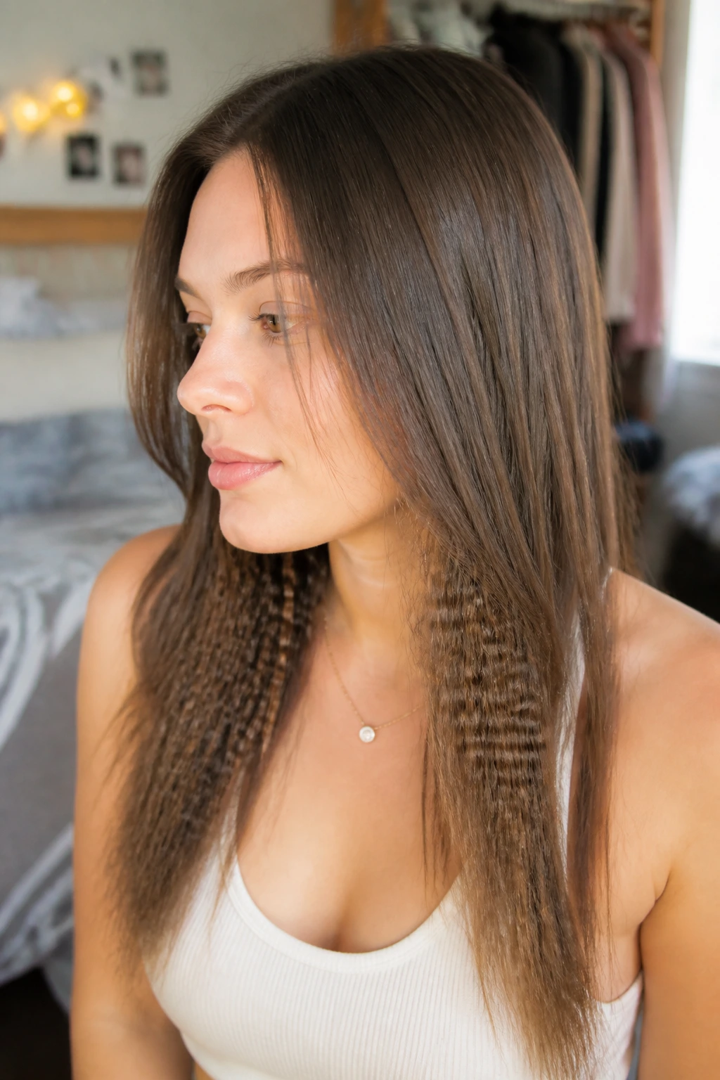 Close-up of lower hair layers with subtle crimp texture for volume on a real person