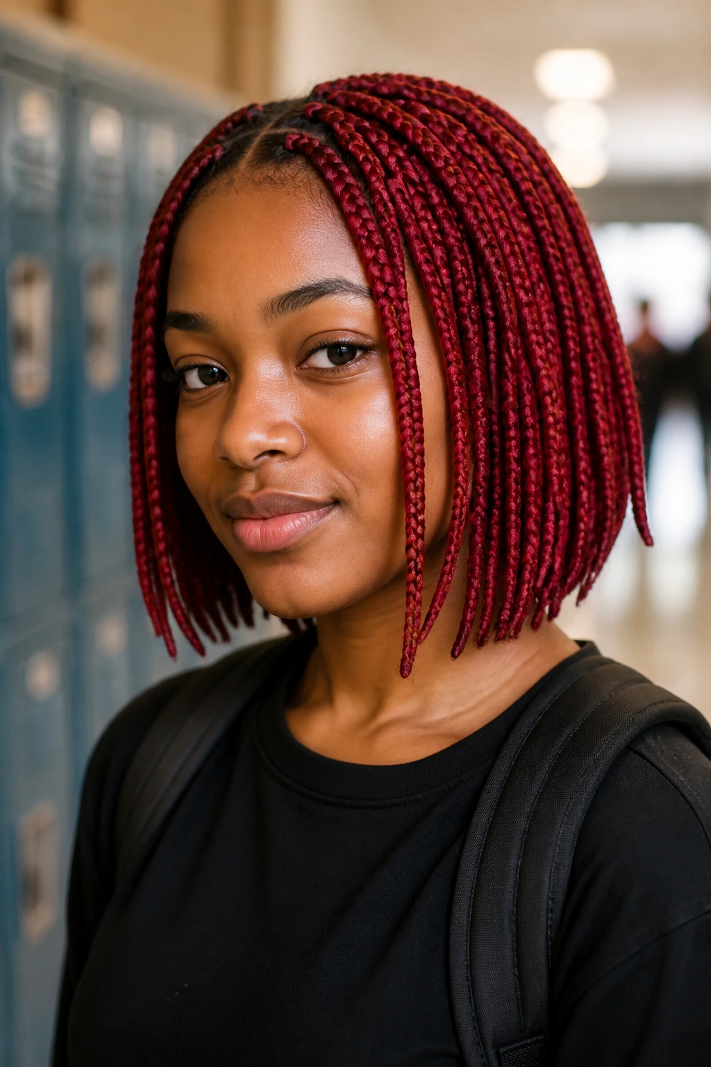 Close-up of shoulder-length crimson bob braids on a student