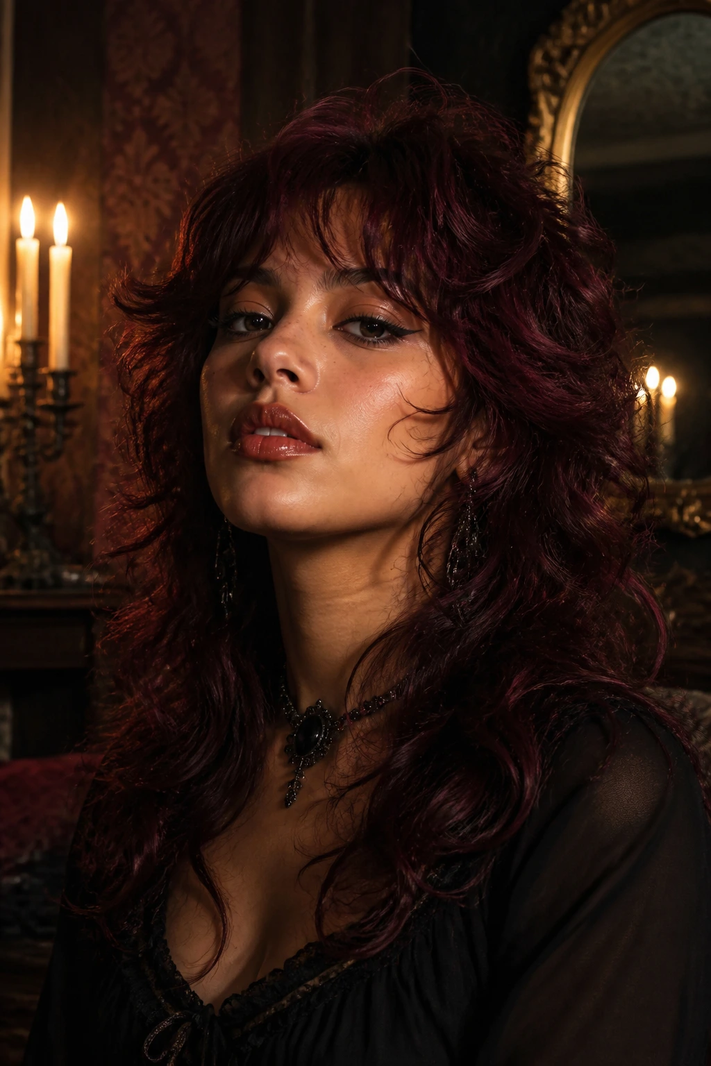 Close-up of a real person with deep crimson curled shag in a candlelit Victorian setting