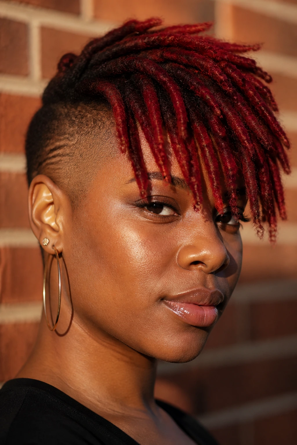 Close-up of a person with crimson locs and shaved sides, layered bangs.
