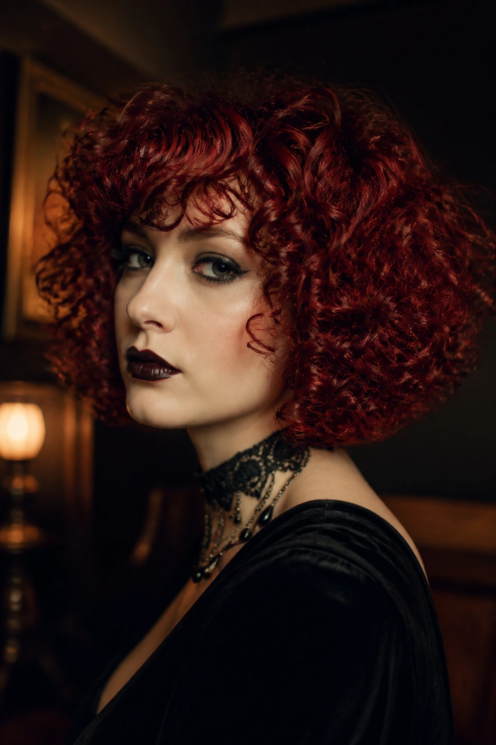 Close-up of a real person with a deep crimson spiral bob hairstyle.