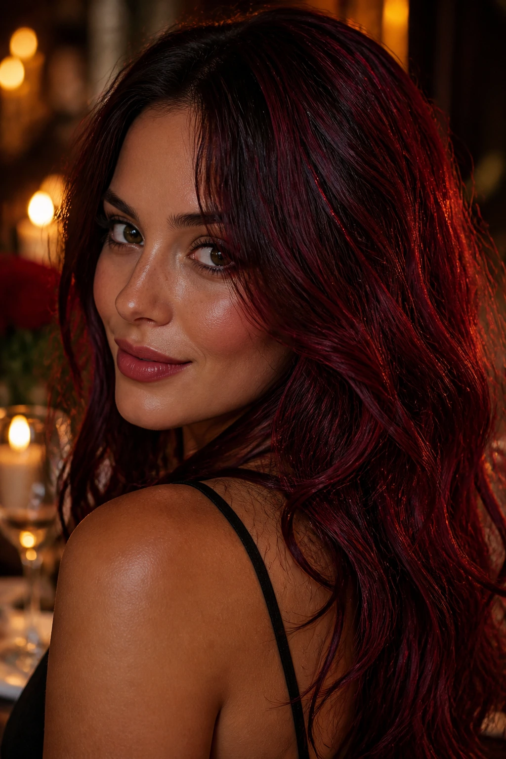 Close-up of a woman with burgundy hair and crimson tinsel sparks