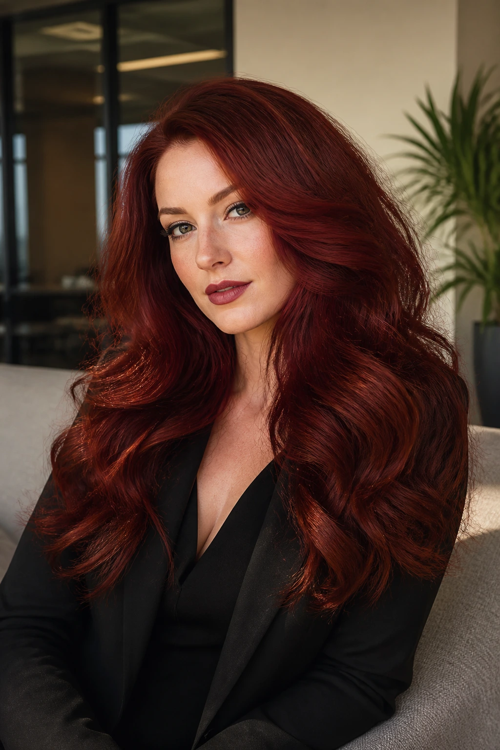 Portrait of a woman with a voluminous crimson wave