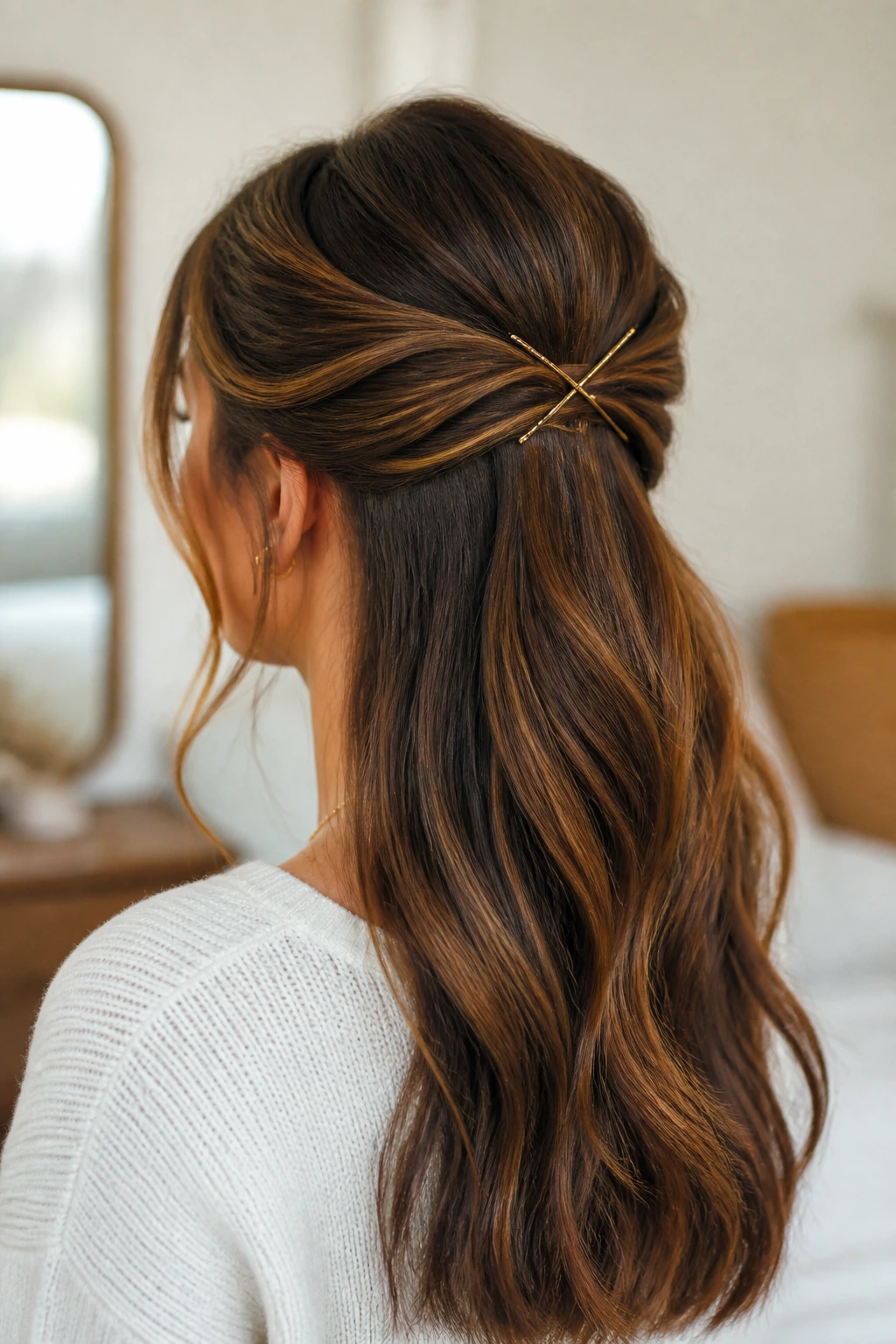 Back three-quarter view of a real woman with criss-cross bobby pins forming an X