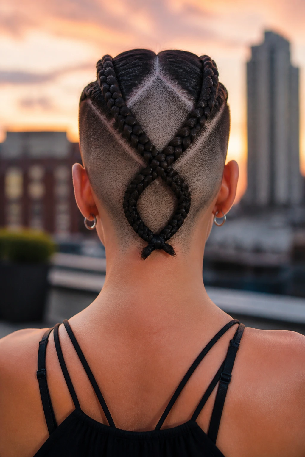 Back view of a real woman with criss-cross braids on shaved sides meeting at the neck.
