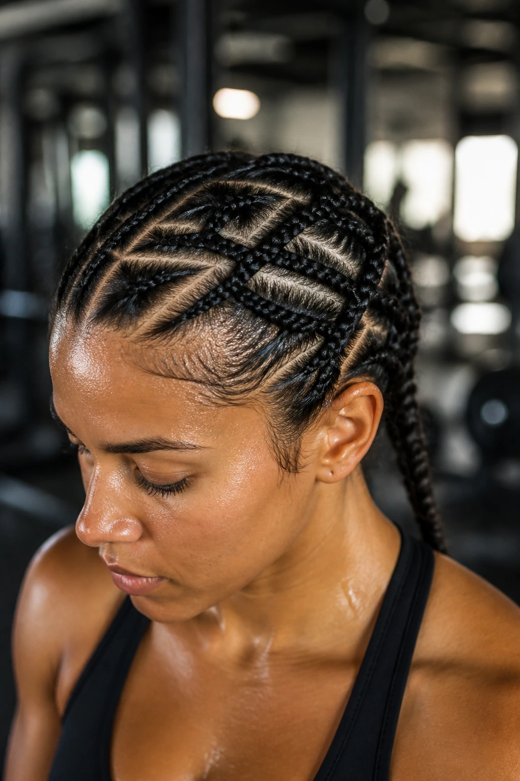 Close-up of a real person with criss-cross braids securing layered hair during a workout.
