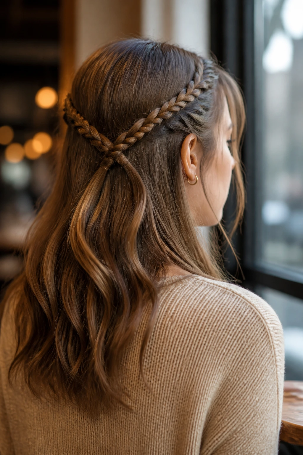 Close-up of a real woman with two front braids crossing at the back.