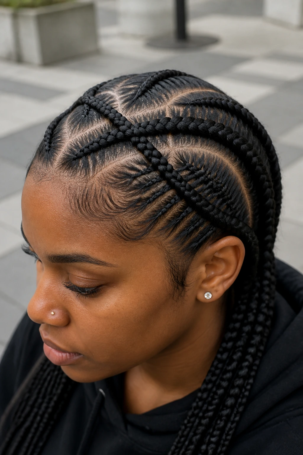Close-up of criss-cross braids on a real woman's scalp.