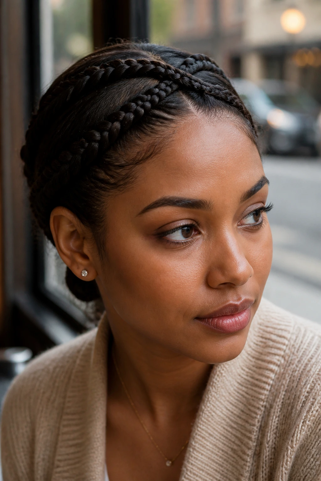Close-up of a real woman with criss-cross braids forming a headband at the hairline