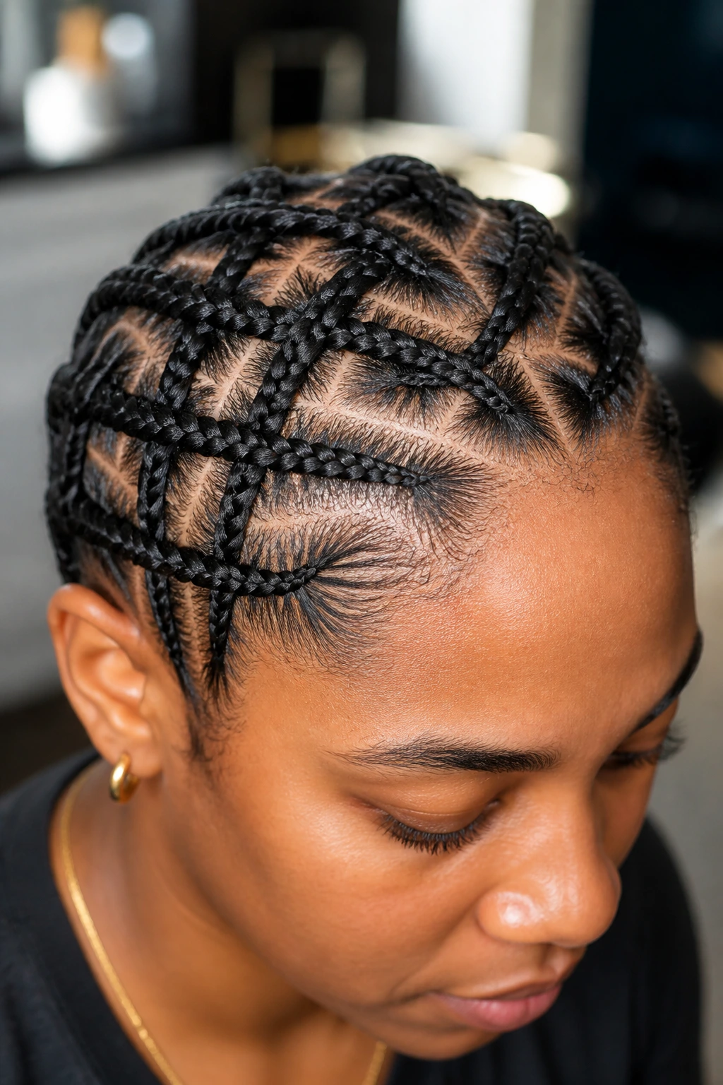 Close-up portrait of a real woman with criss-cross lattice braids across the scalp.