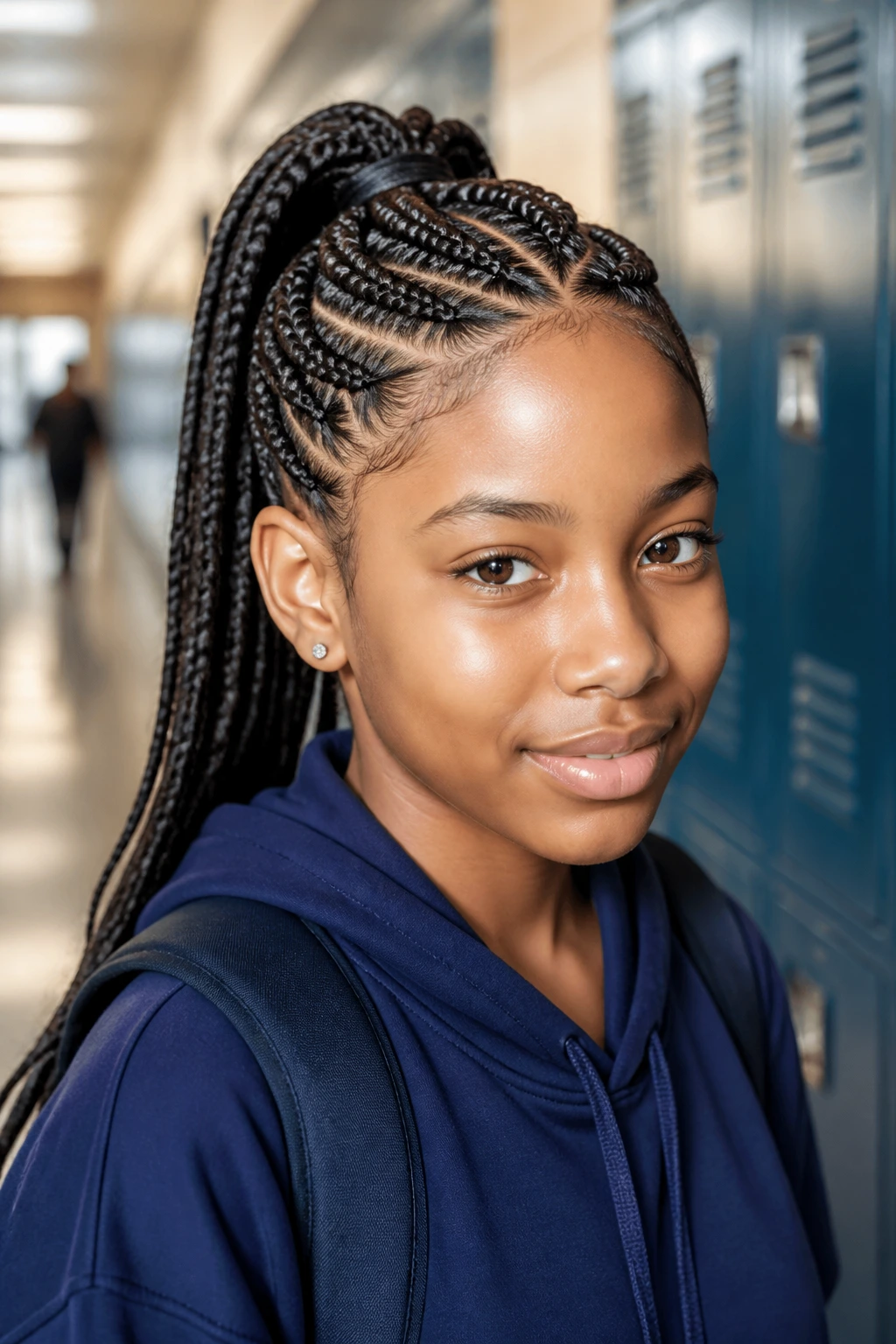 Close-up of a student with a criss-cross braided ponytail in a sunlit school hallway