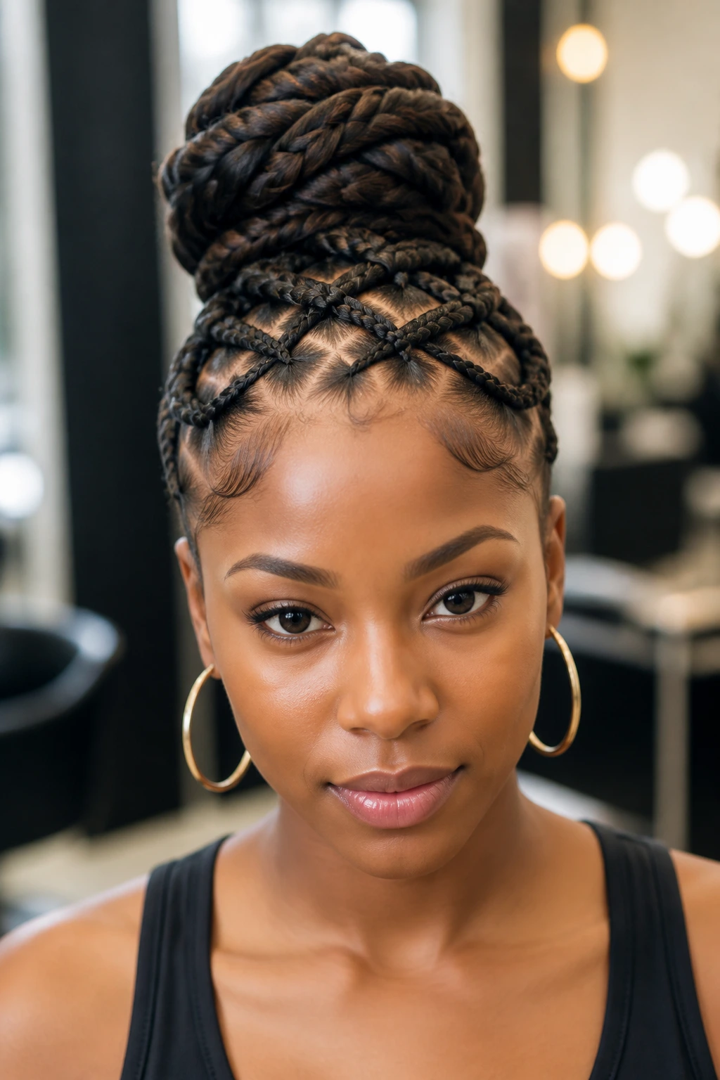 Close-up of criss-cross lattice braids on a real person in a salon setting