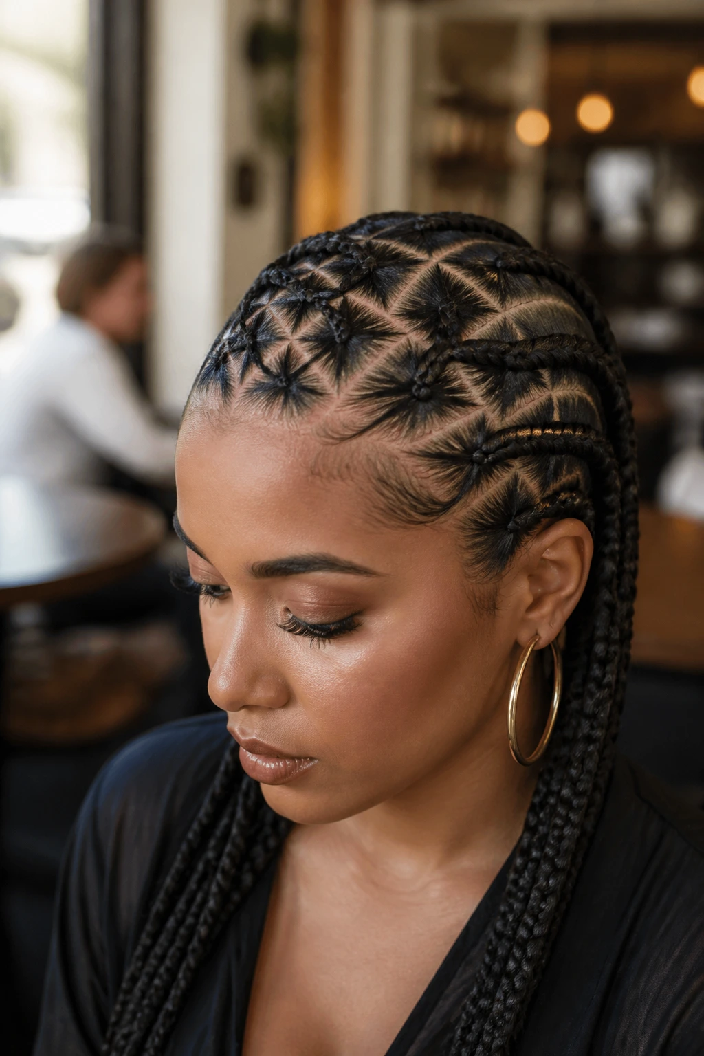 Close-up of a real woman with a criss-cross braided design