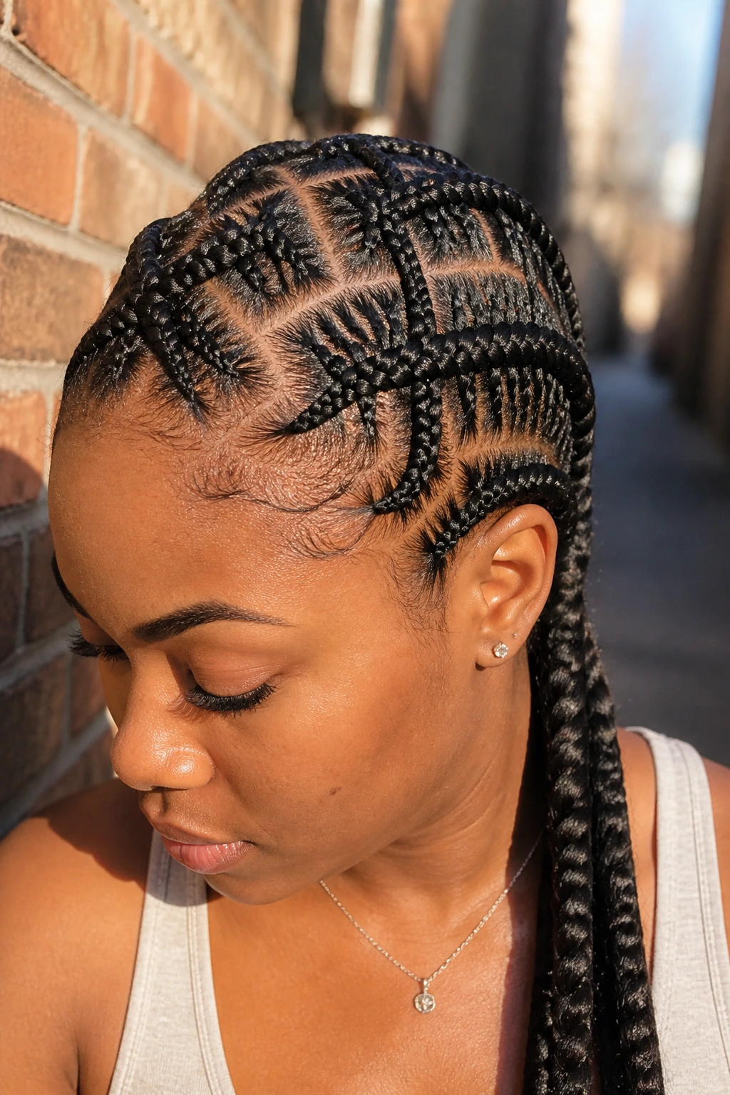 Close-up of chunky criss-cross cornrows on a real person