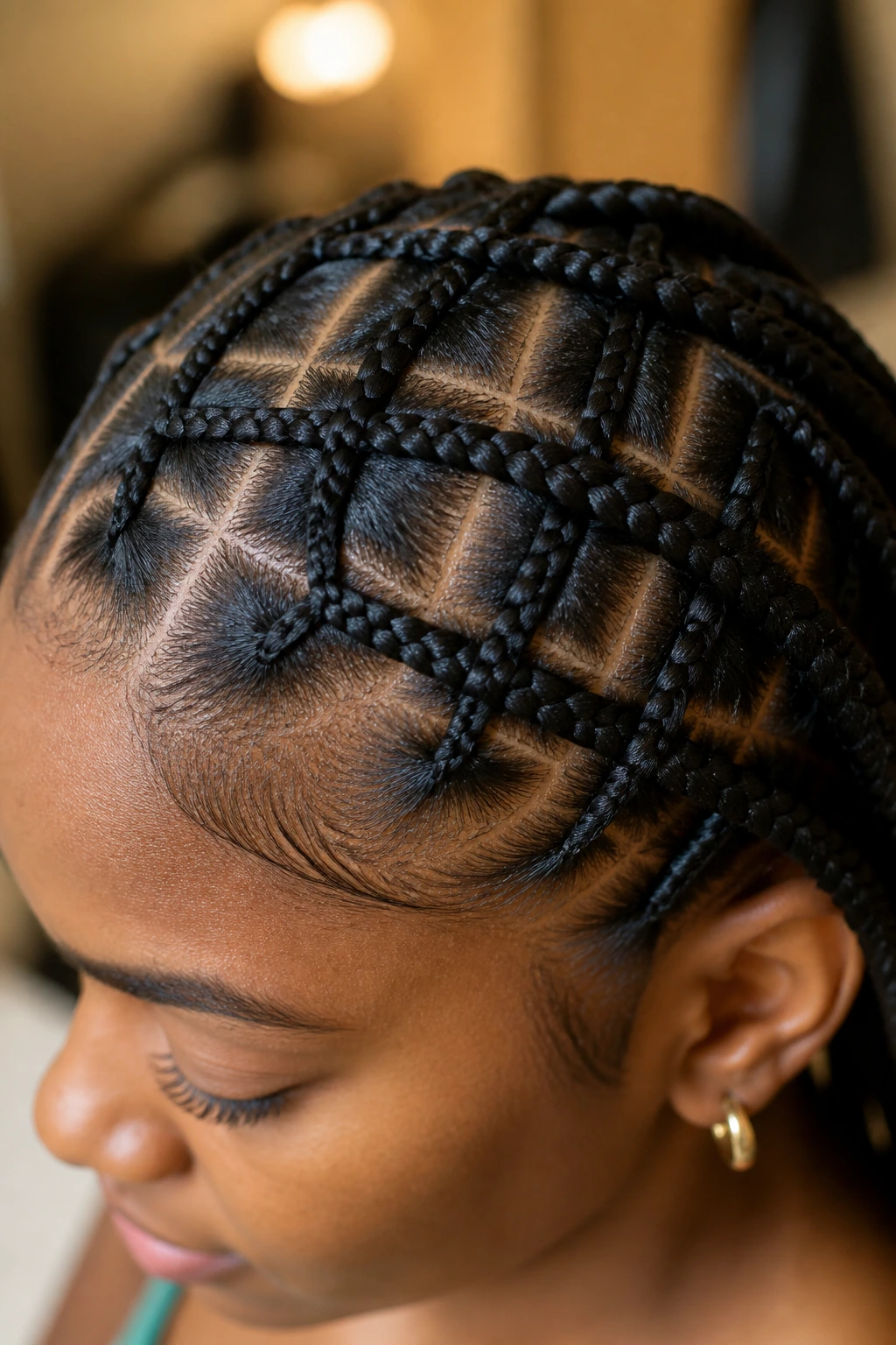 Close-up of criss-cross cornrows on a real person
