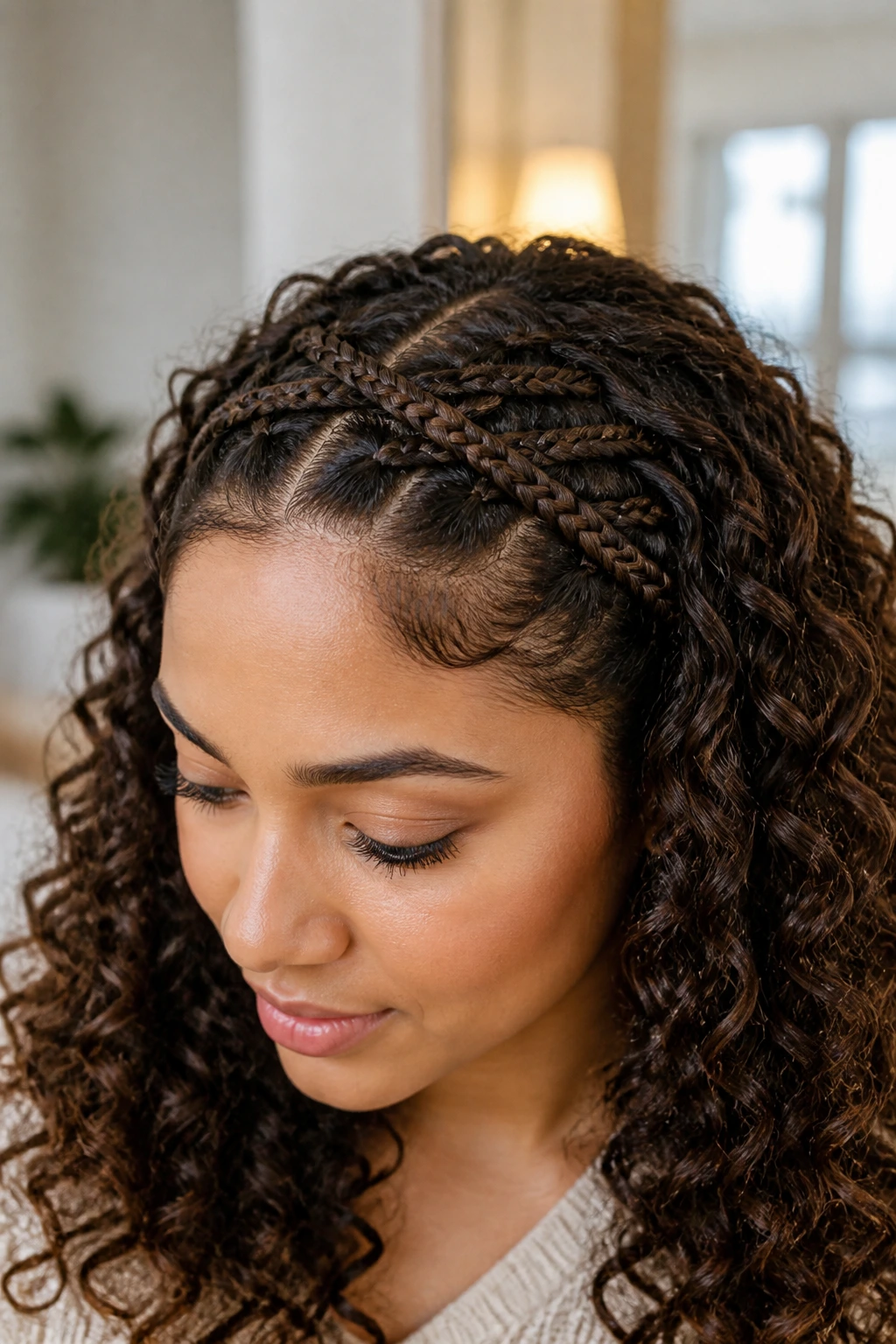 Portrait of a real woman with criss-cross front braids forming a crown