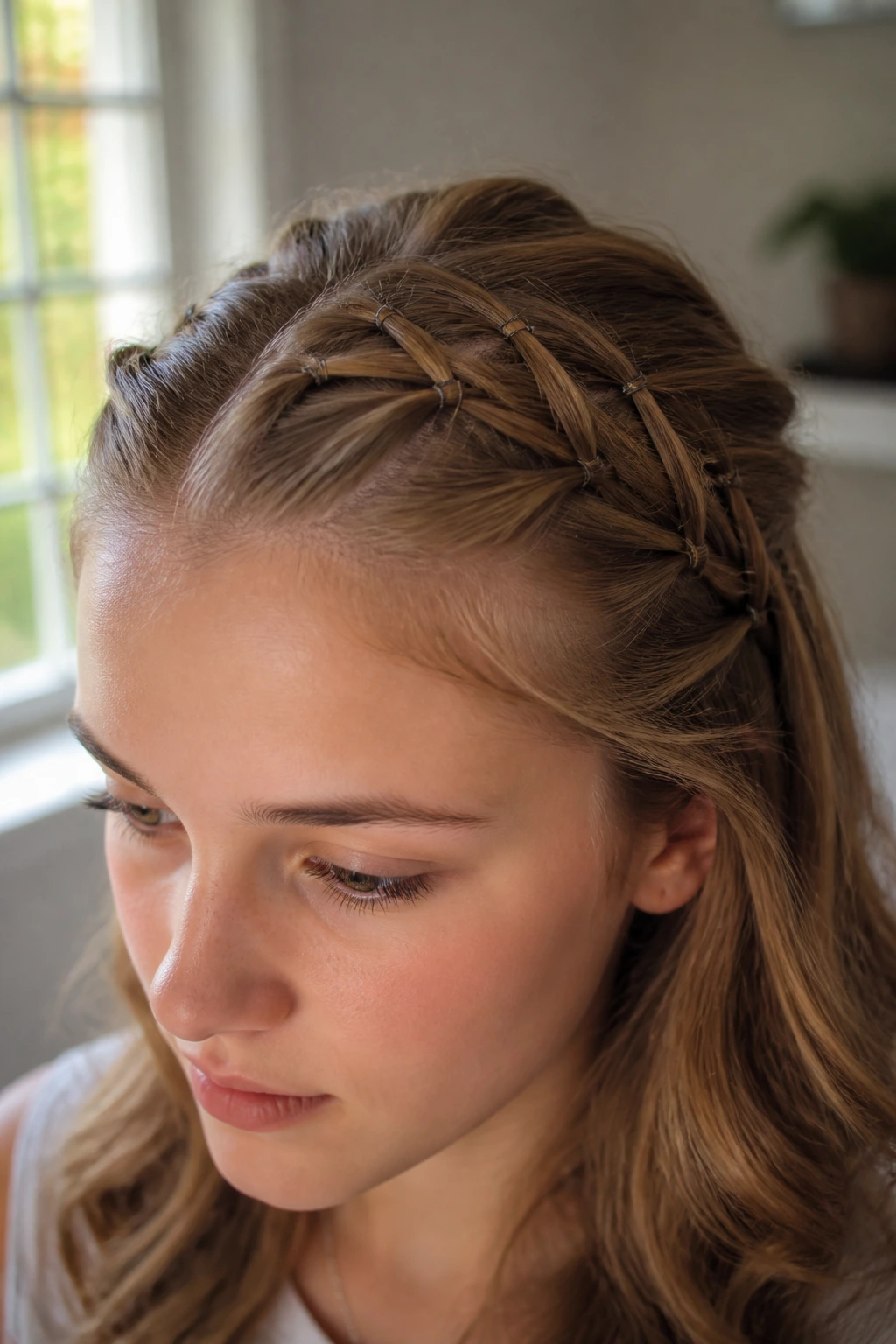 Close-up of a real person wearing a criss-cross crown hairstyle