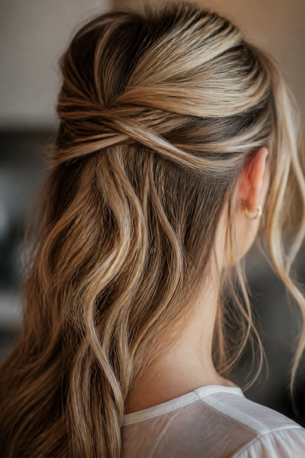 Close-up of a real woman with criss-cross crown hair pulled back and pinned
