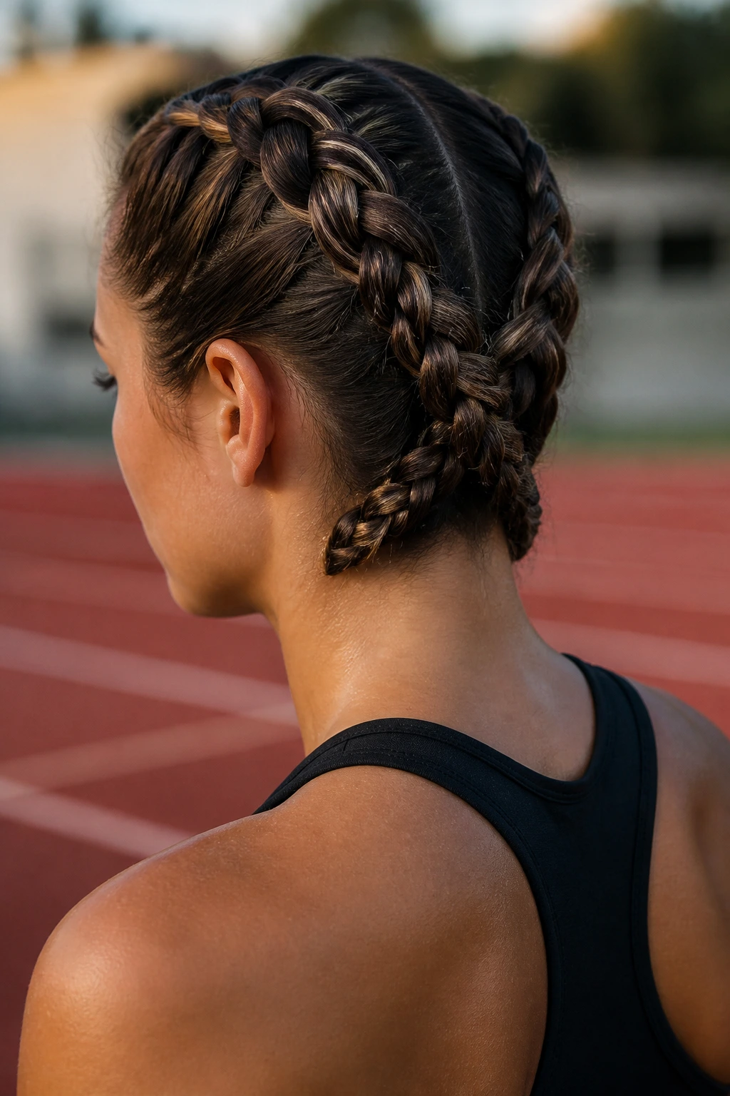 Close-up of a person showing criss-cross Dutch braids at the back.