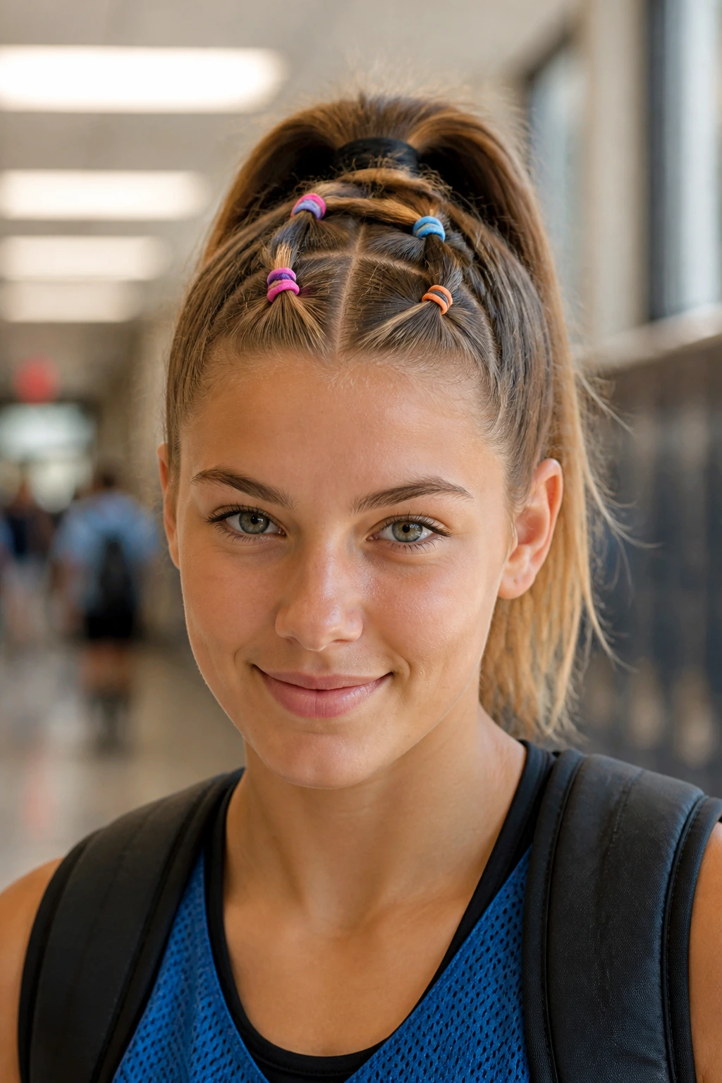 Front view of criss-cross elastic ponytail hairstyle on a real person