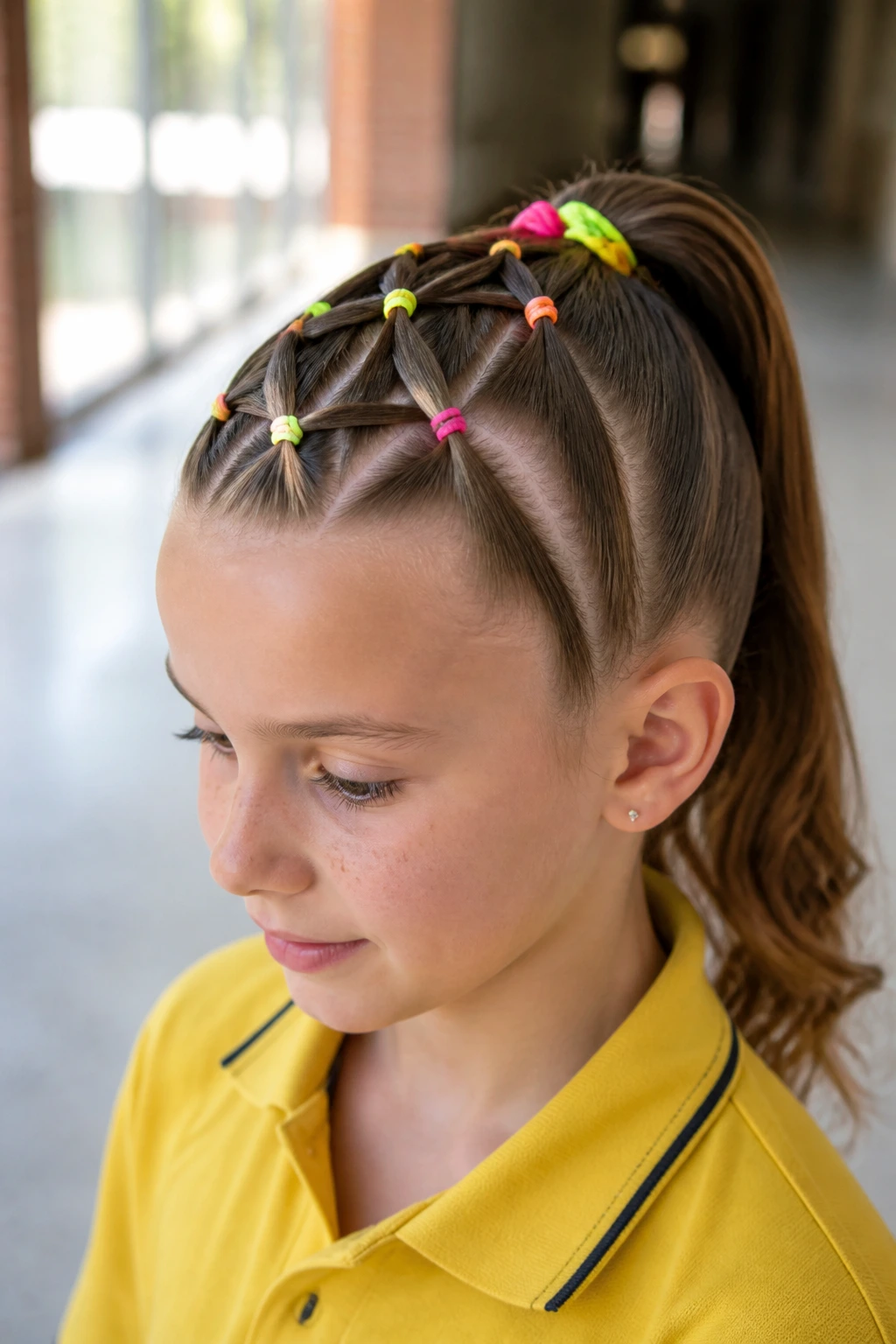 Front criss-cross elastics ponytail on real student in school hallway
