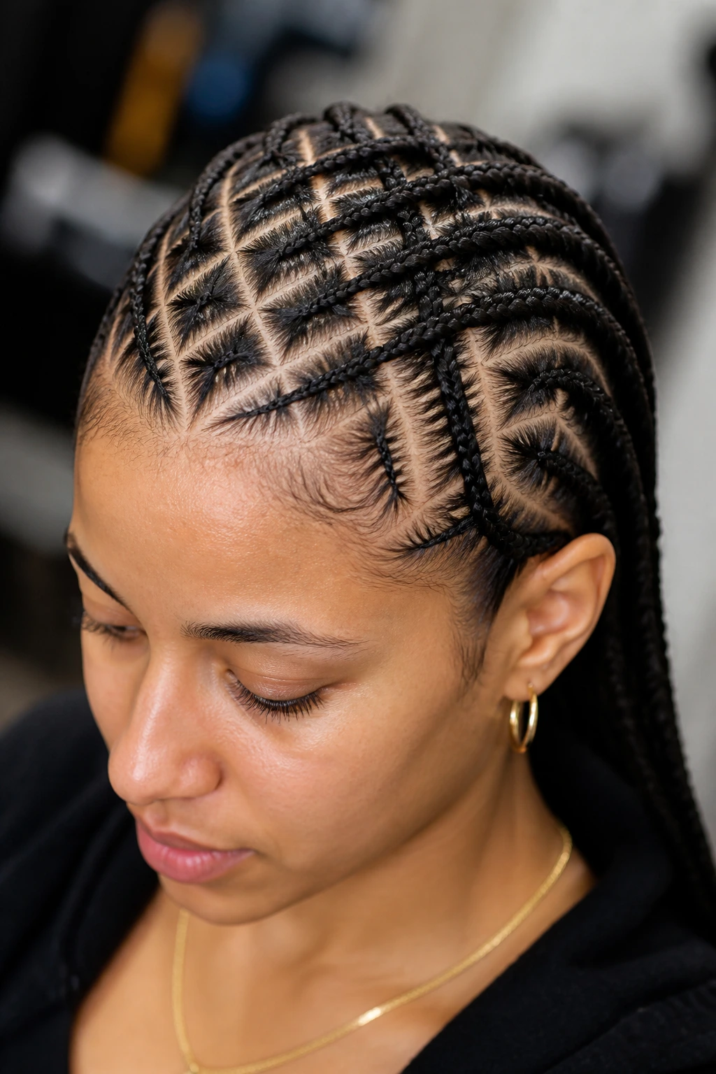 Close-up portrait of a person showing a criss-cross diagonal braid pattern.