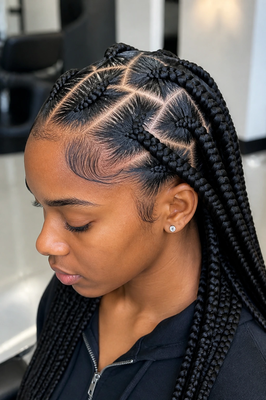 Close-up of a woman with criss-cross feed-in braids.