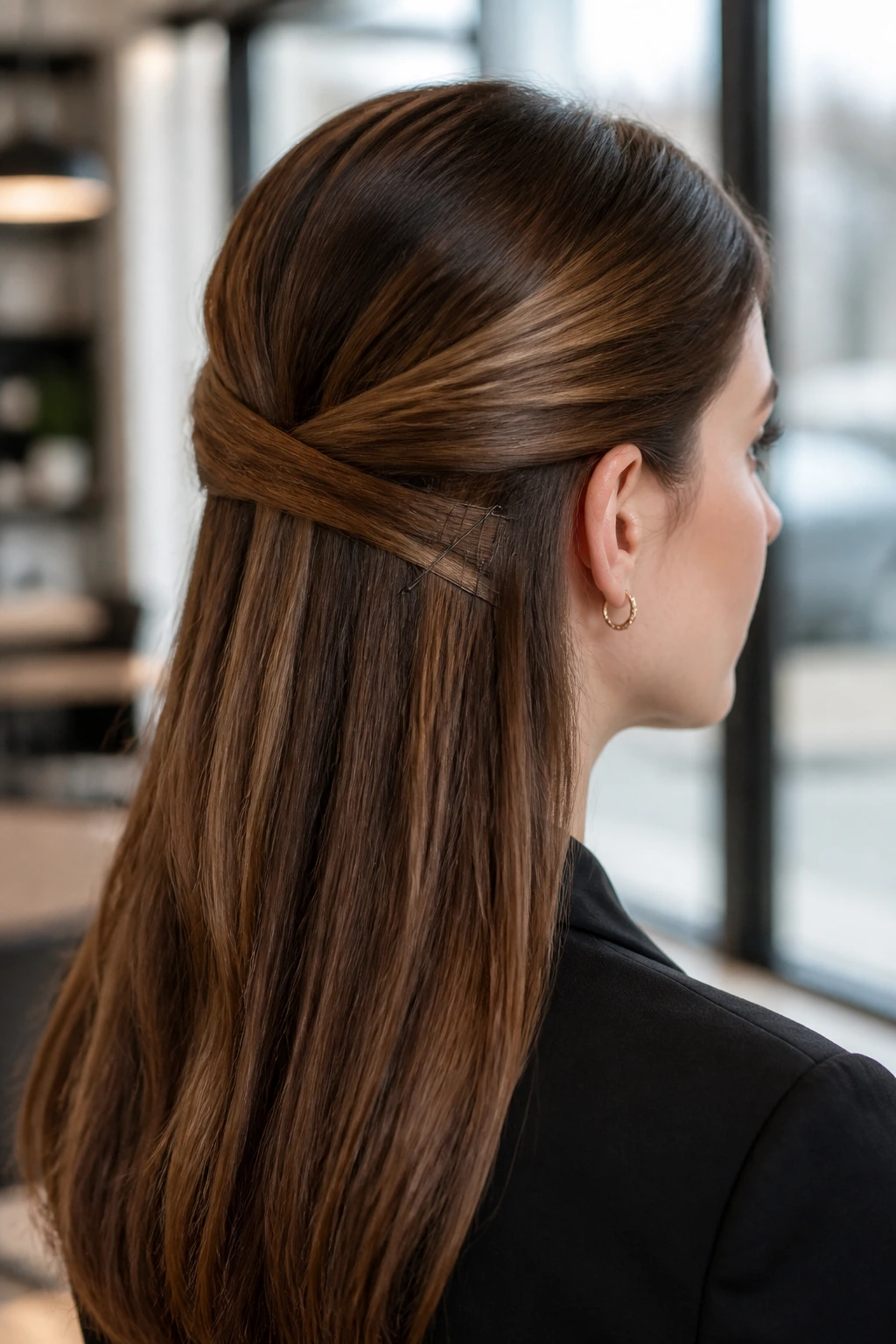 Close-up of a real woman with a sleek criss-cross half-up style
