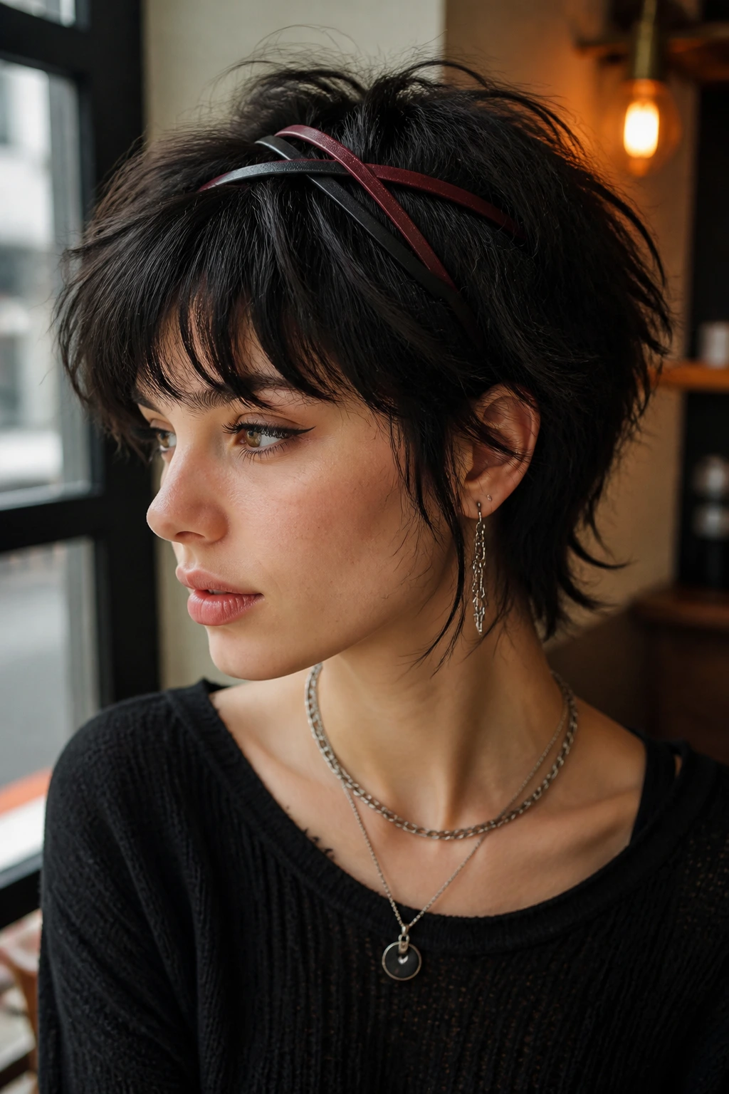 Close-up of a real person with criss-cross headbands on a short shag