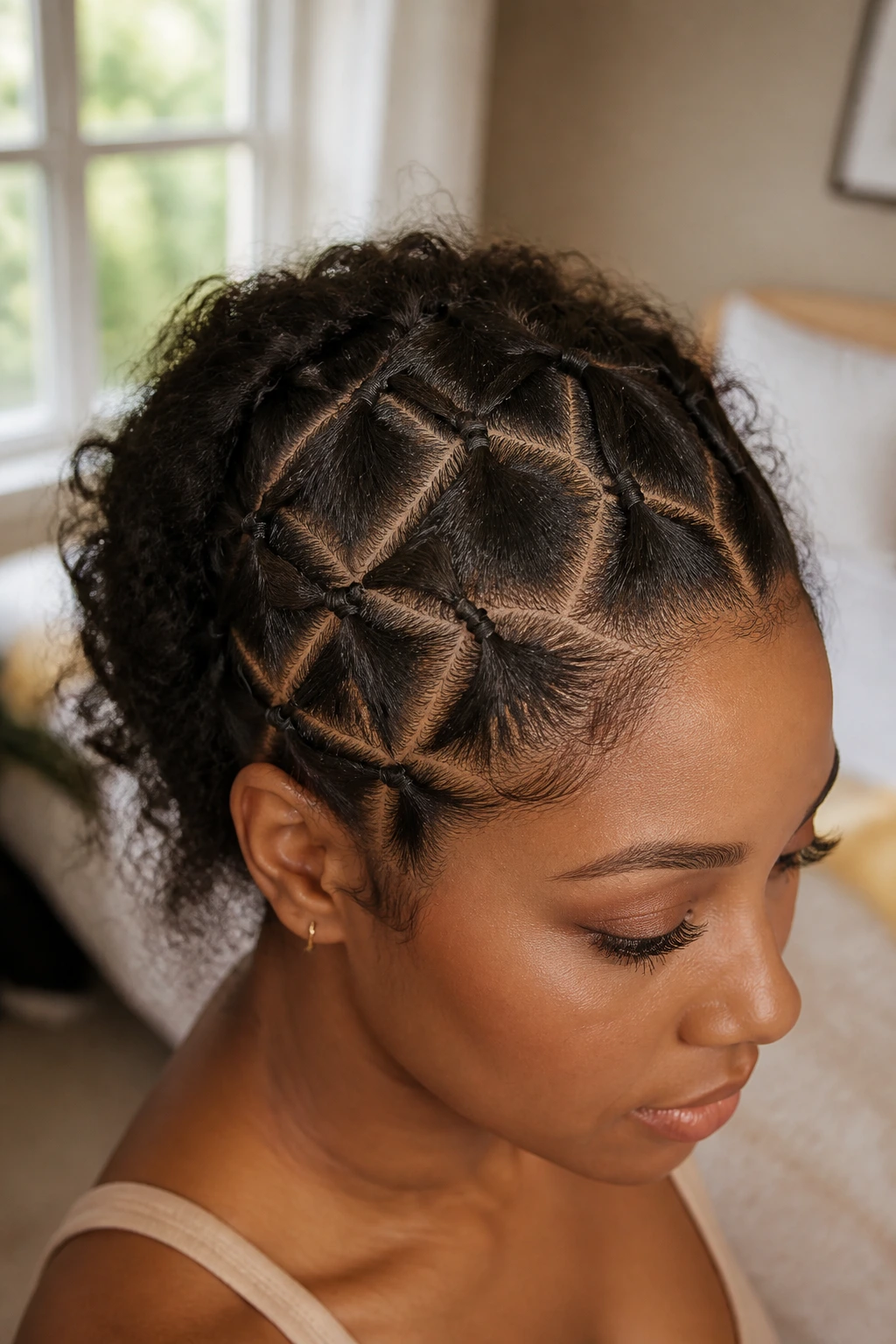 Close-up of The Criss-Cross Micro Pony on a real woman with a diamond lattice hair pattern.